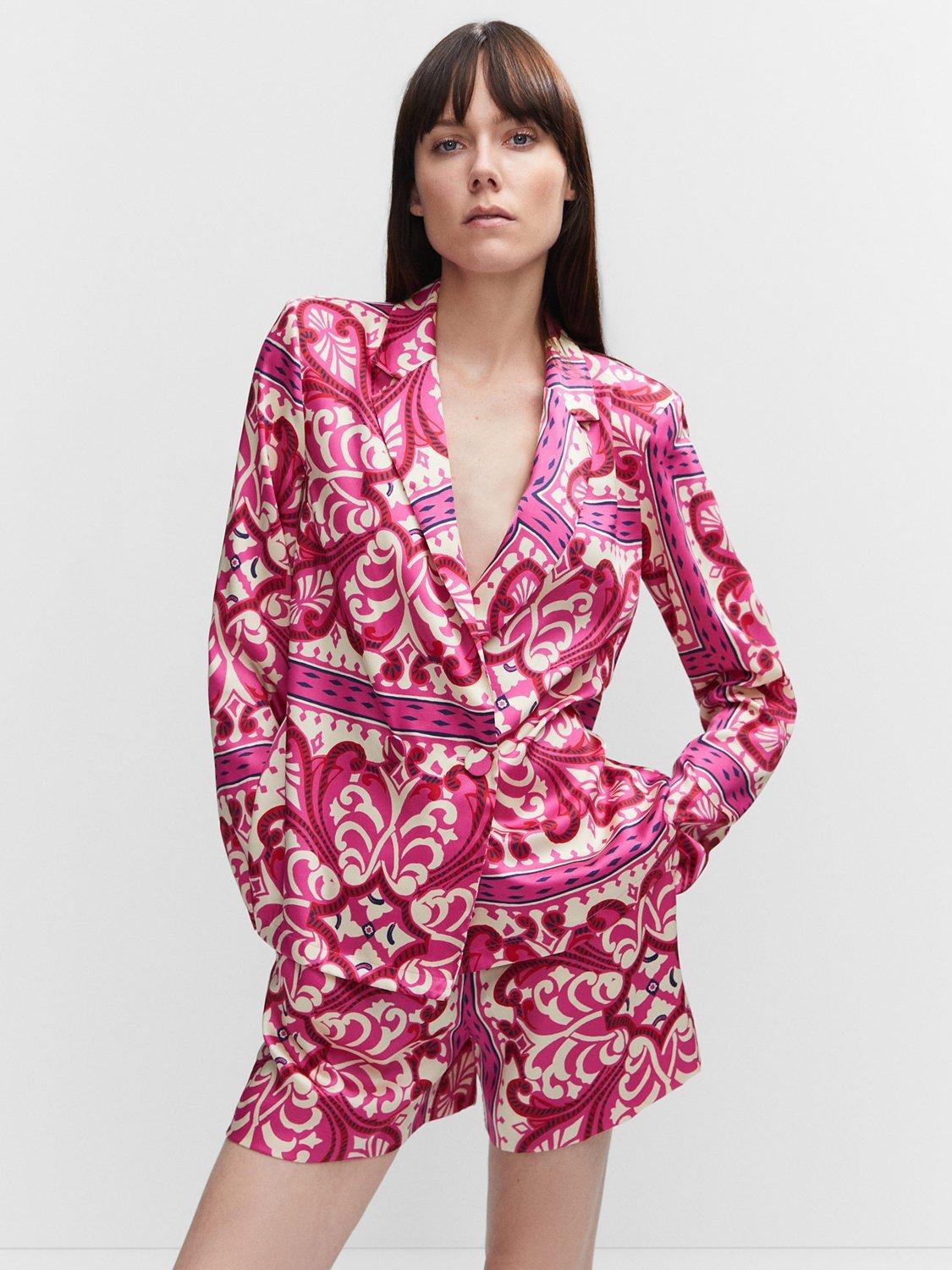 Mango Pinkie Abstract Print Blouse, Bright Pink/Multi
