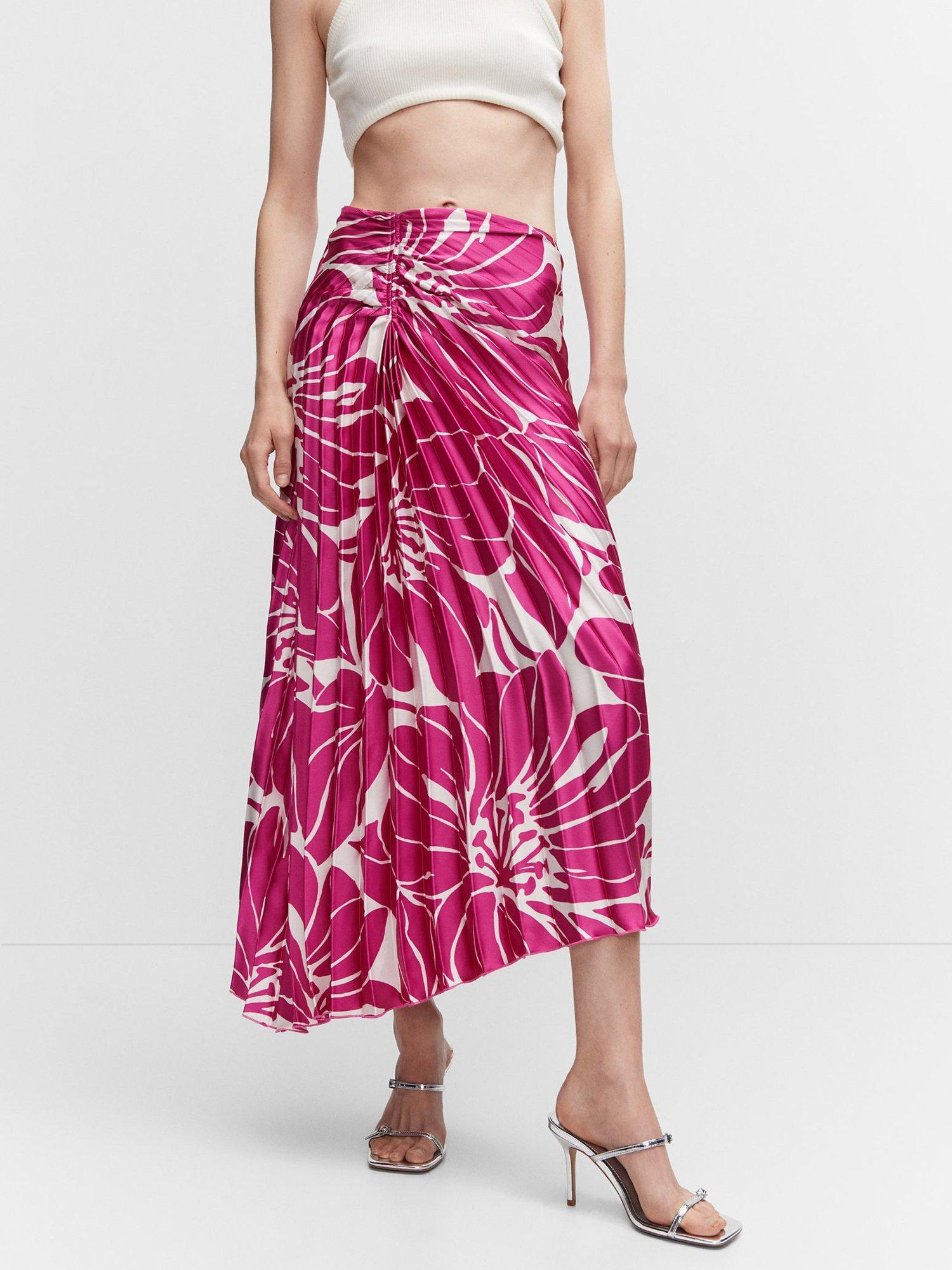 Mango Fresia Satin Pleated Skirt, Bright Pink
