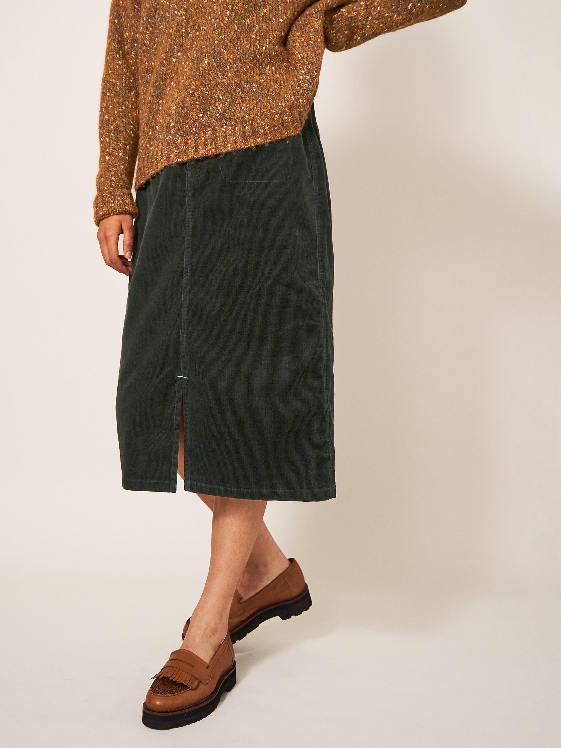 White Stuff Poppy Organic Corduroy Midi Skirt, Khaki Green