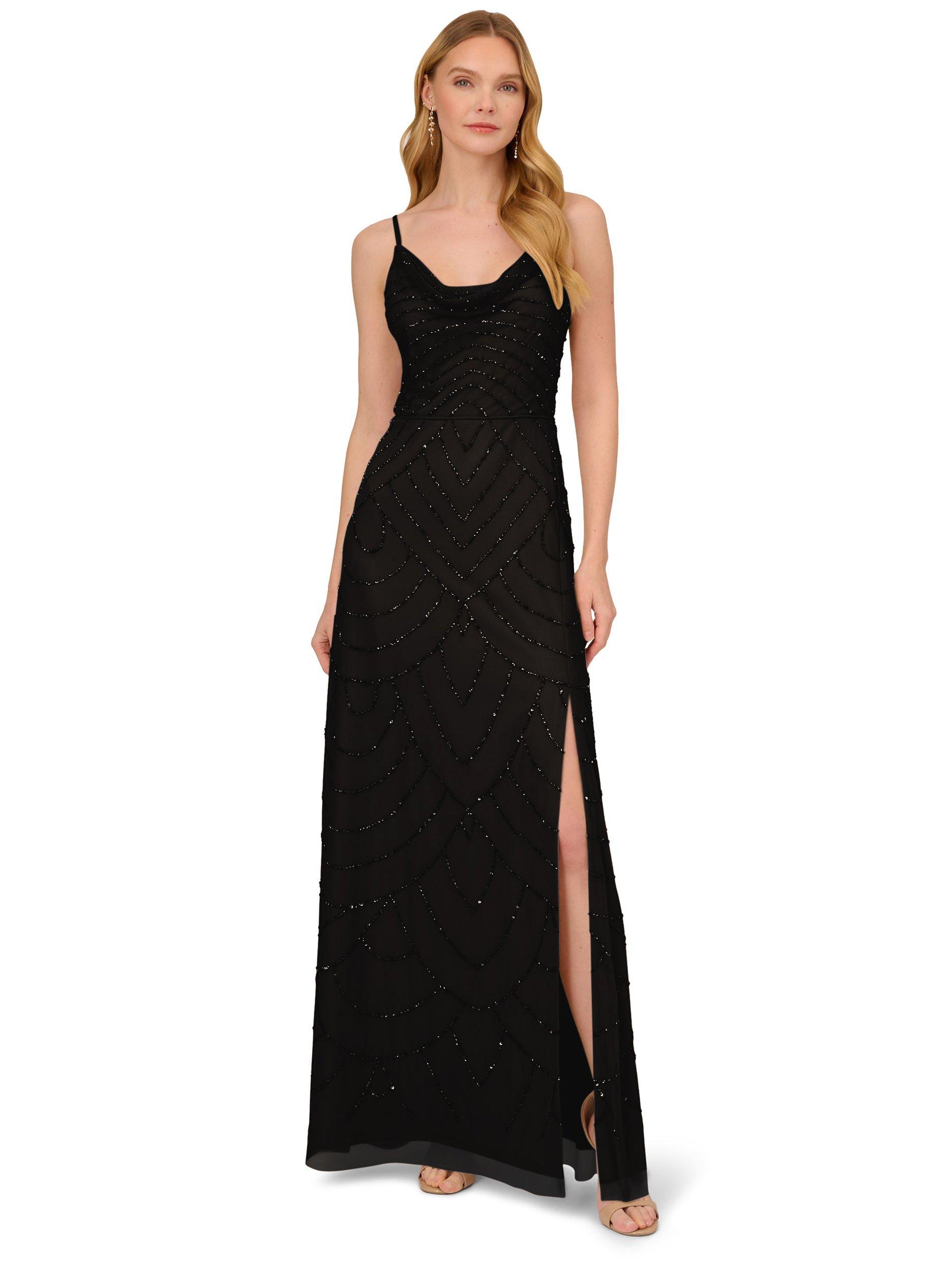 Adrianna Papell Beaded Cowl Deco Gown Dress Black