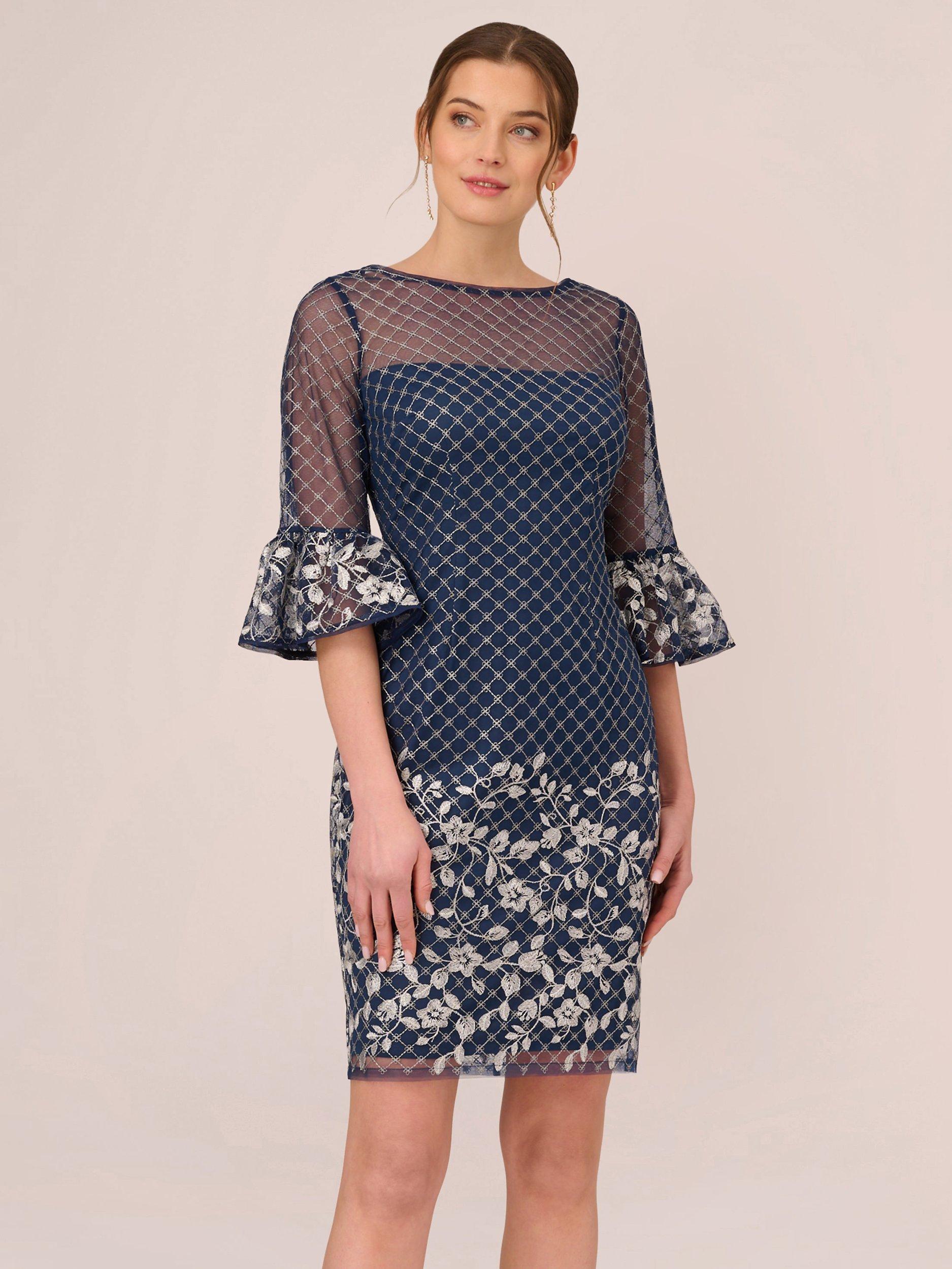 Adrianna Papell Floral Embroidery Border Dress, Navy/Ivory