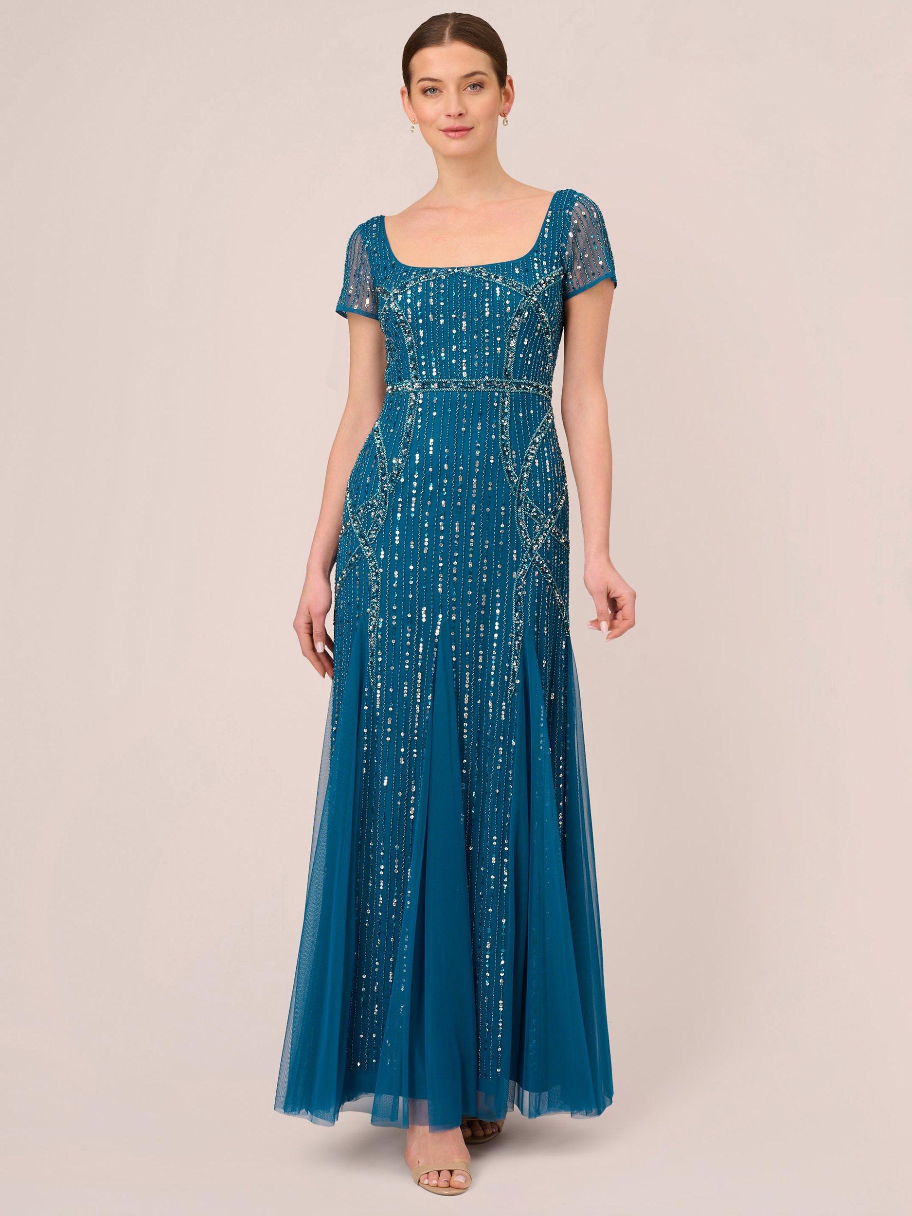 Adrianna Papell Beaded Mermaid Dress, Teal Sapphire