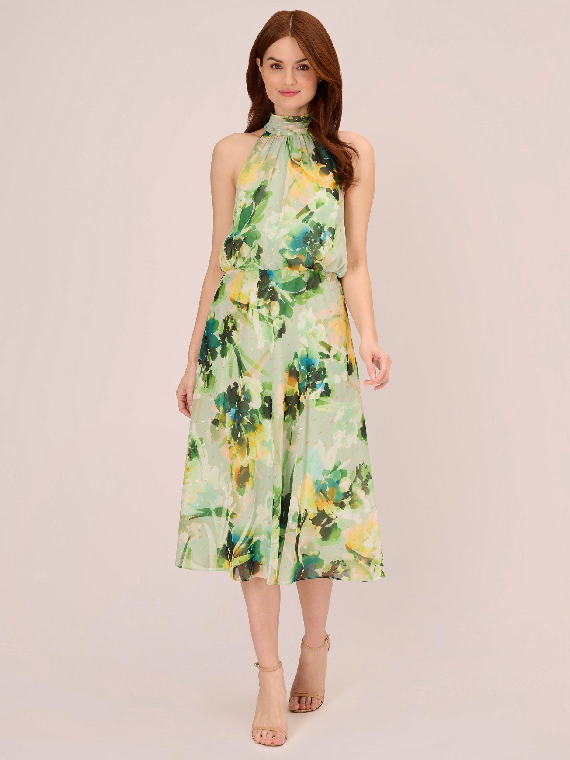 Adrianna Papell Floral Chiffon Halterneck Midi Dress, Green/Multi
