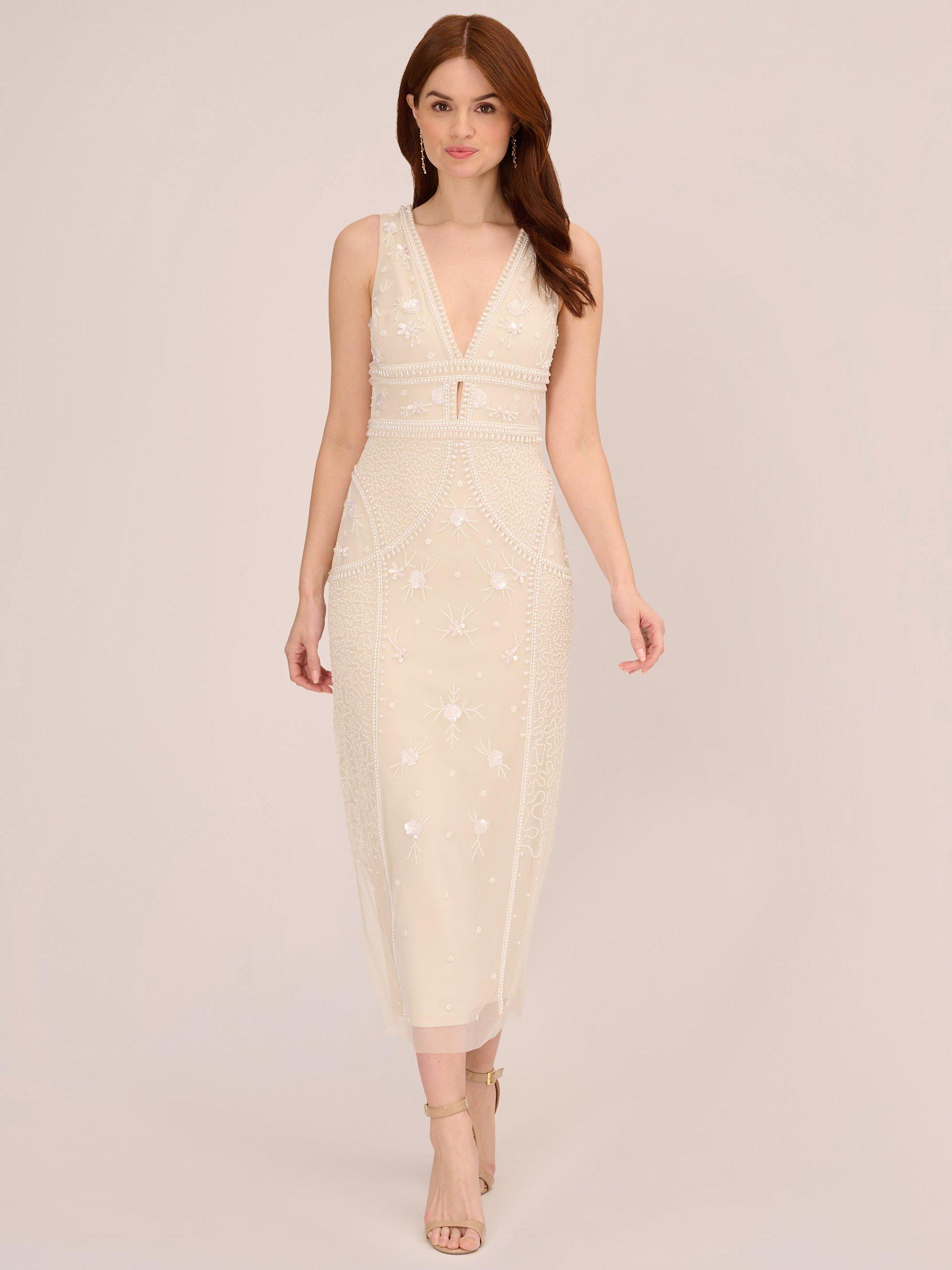 Adrianna Papell Beaded Ankle V Neck Dress Ivory Pearl