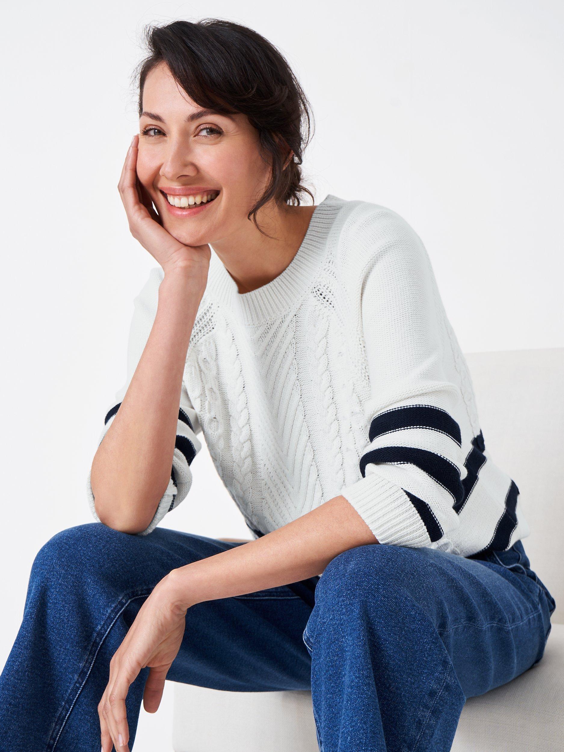 Crew Clothing Rita Stripe Cable Knit Jumper, White