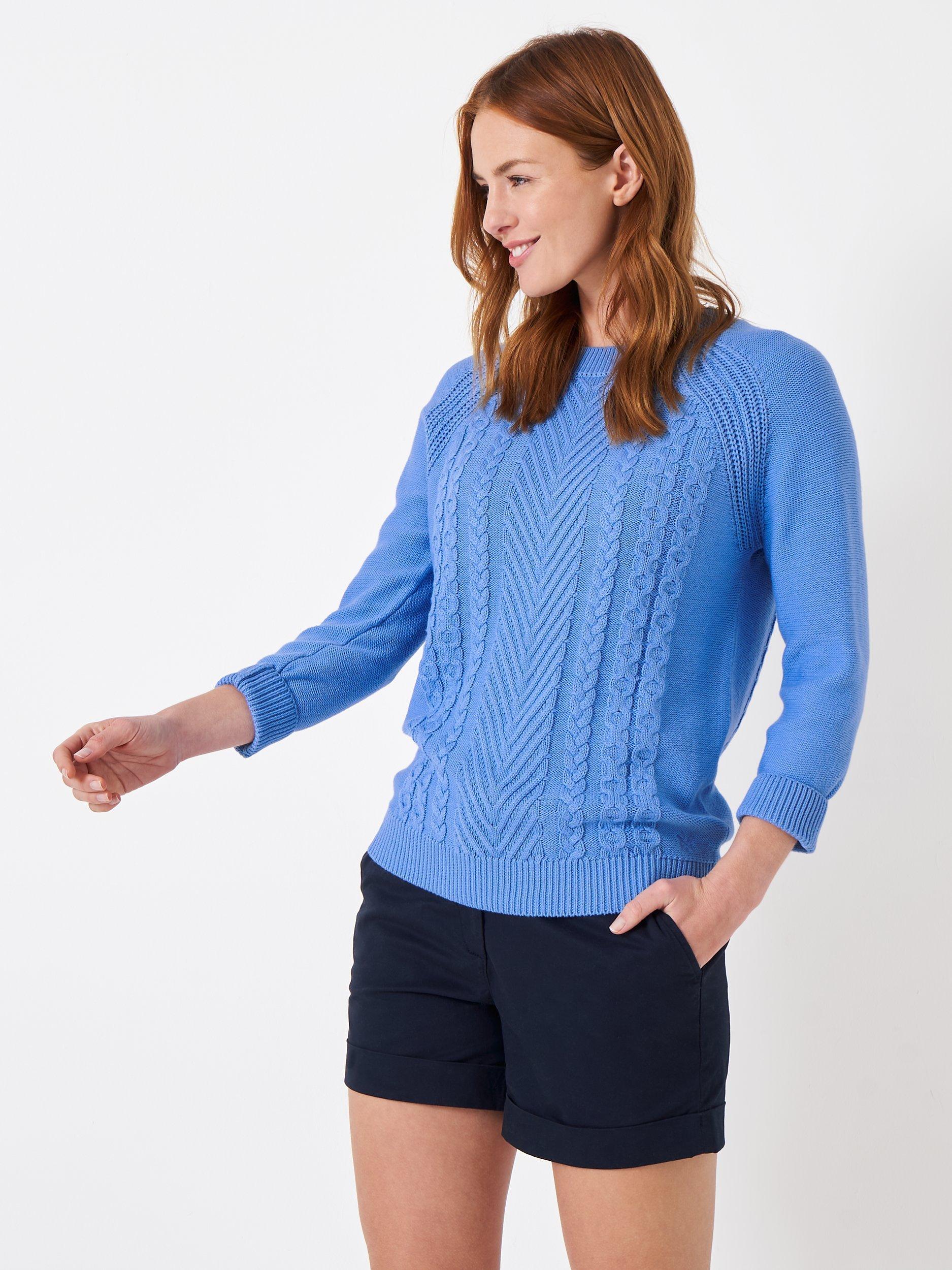 Crew Clothing Rita Plain Cable Knit Jumper, Cornflower Blue