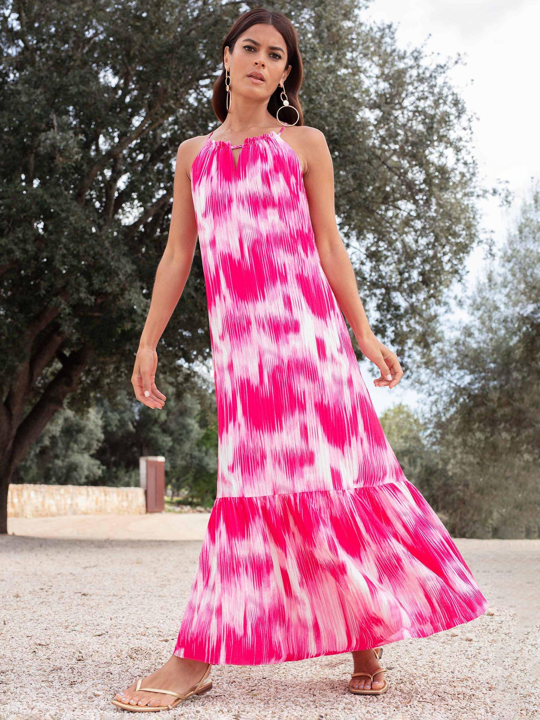 Ro&Zo Tie Dye Textured Tie Waist Maxi Dress, Pink