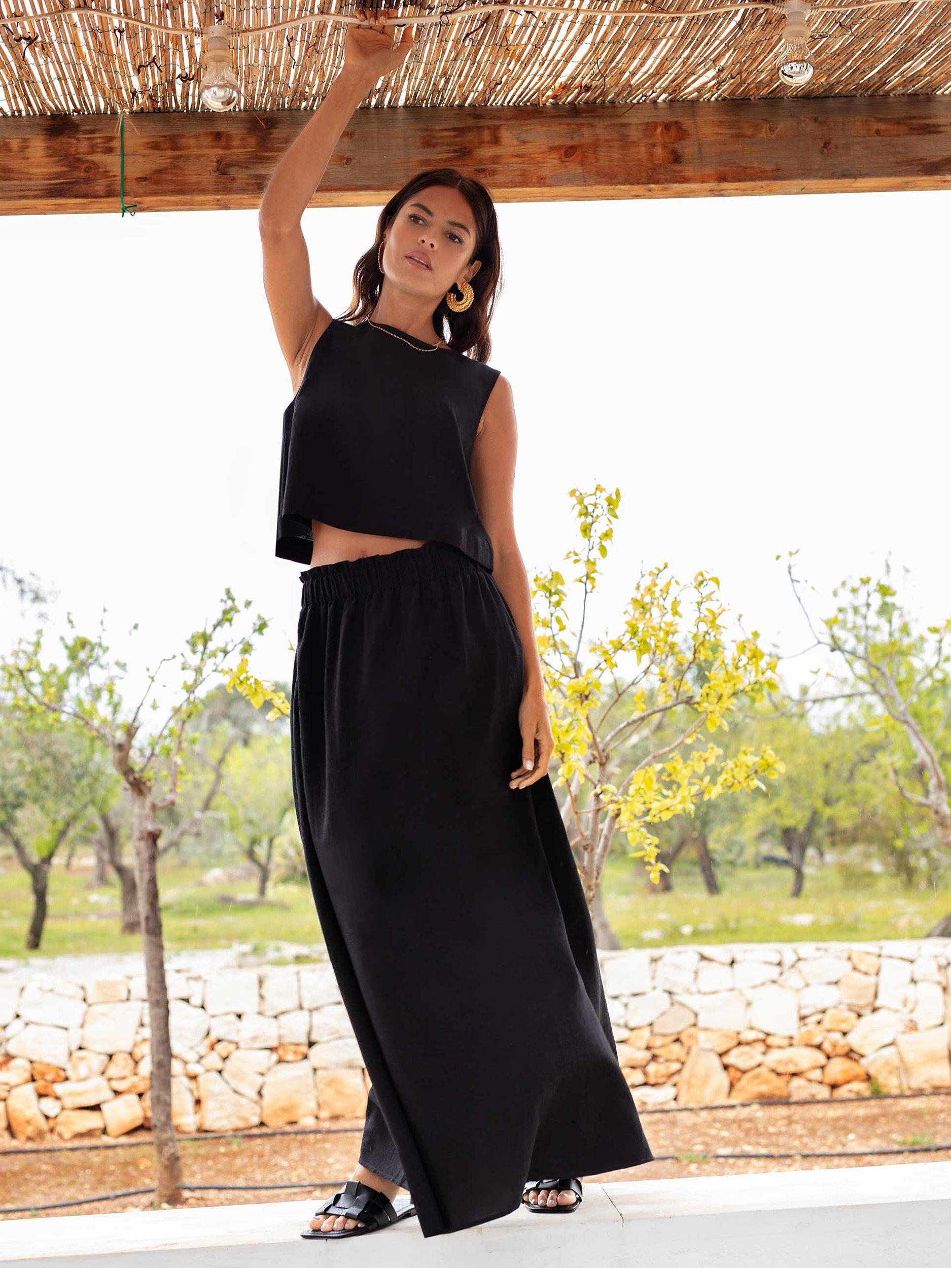 Ro Zo Linen Blend A Line Maxi Skirt Black