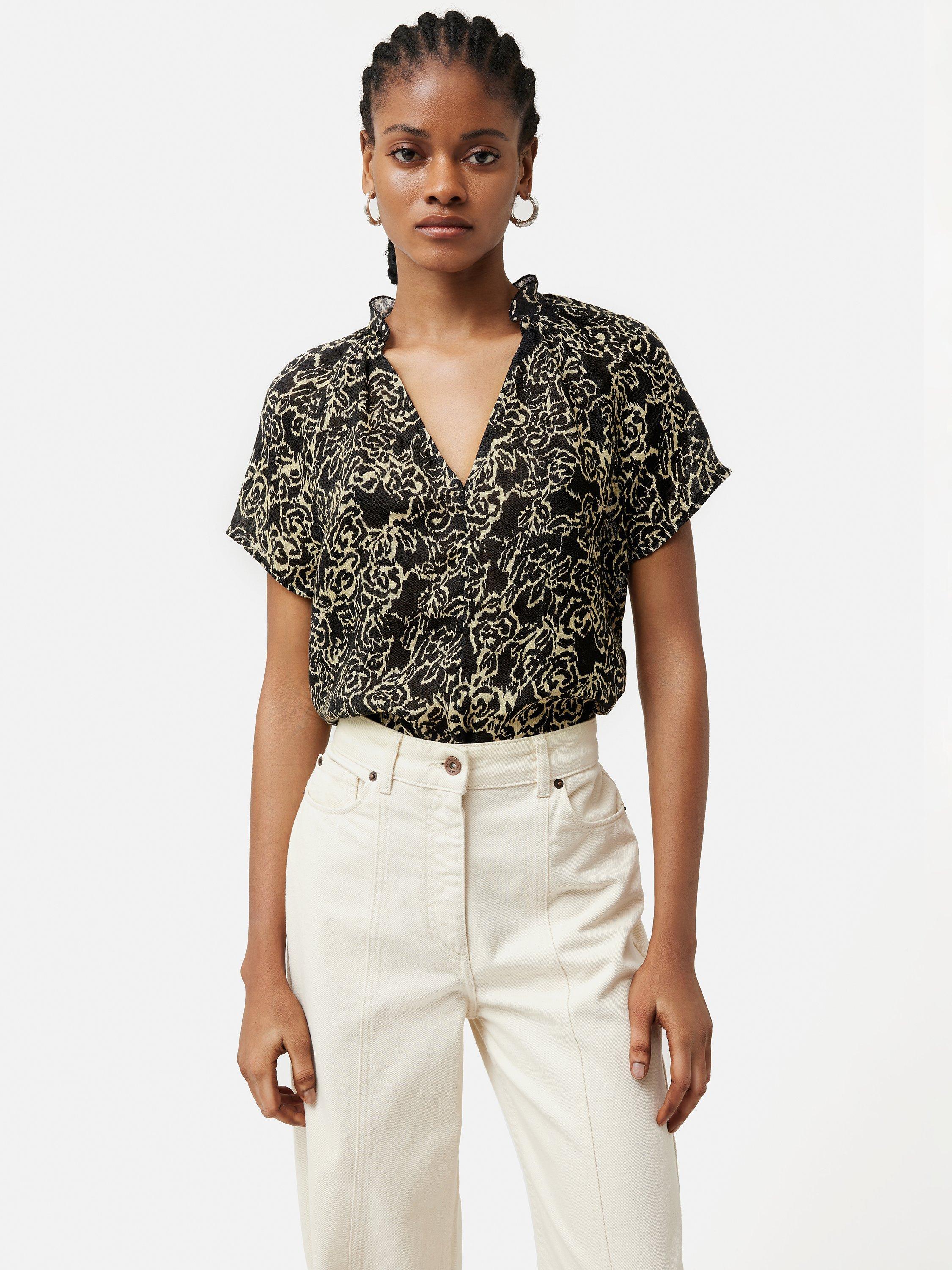 Jigsaw Abstract Print Gauze Linen Top, Black/Beige