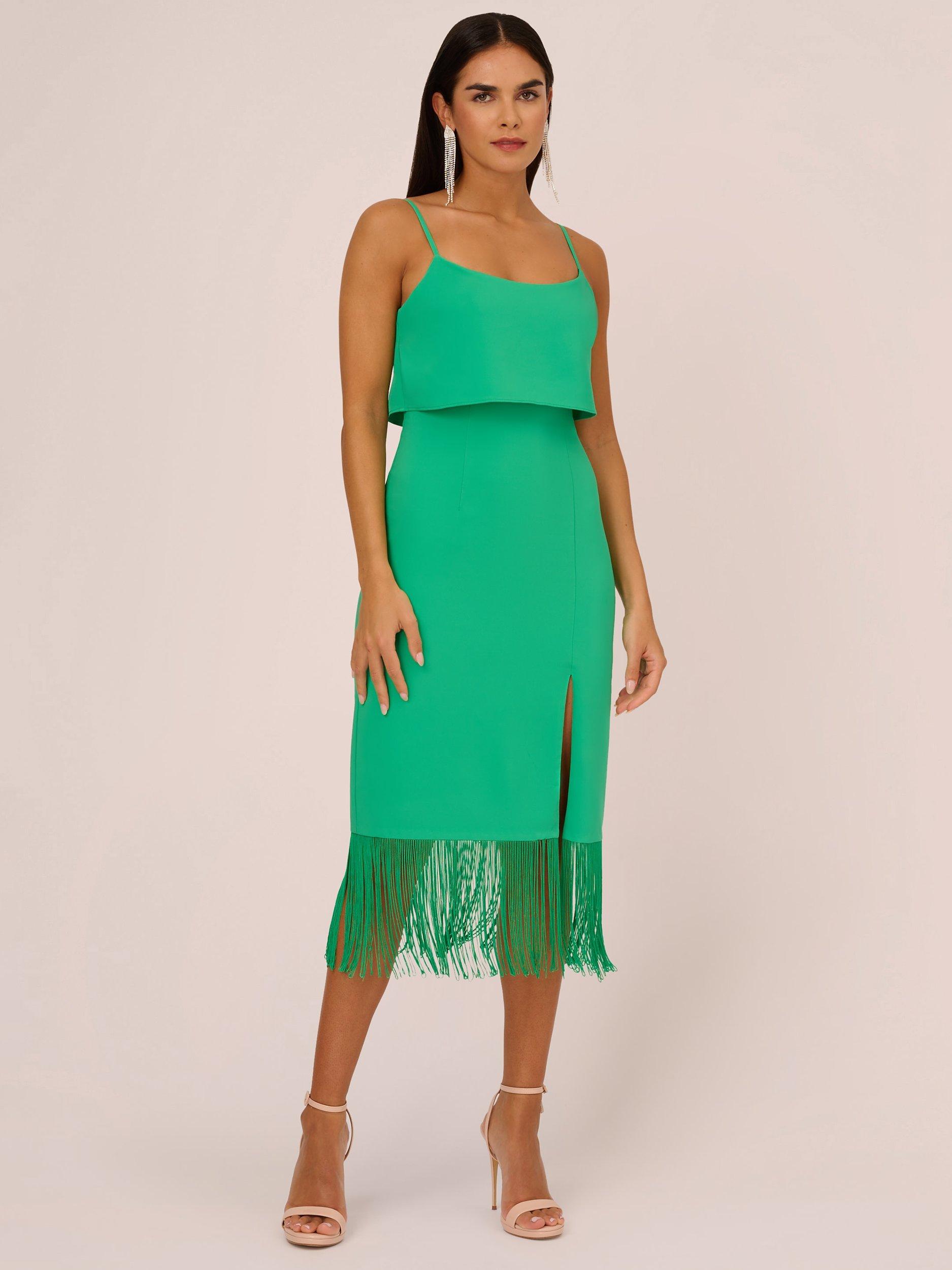 Adrianna Papell Crepe Fringe Midi Dress Summer Green