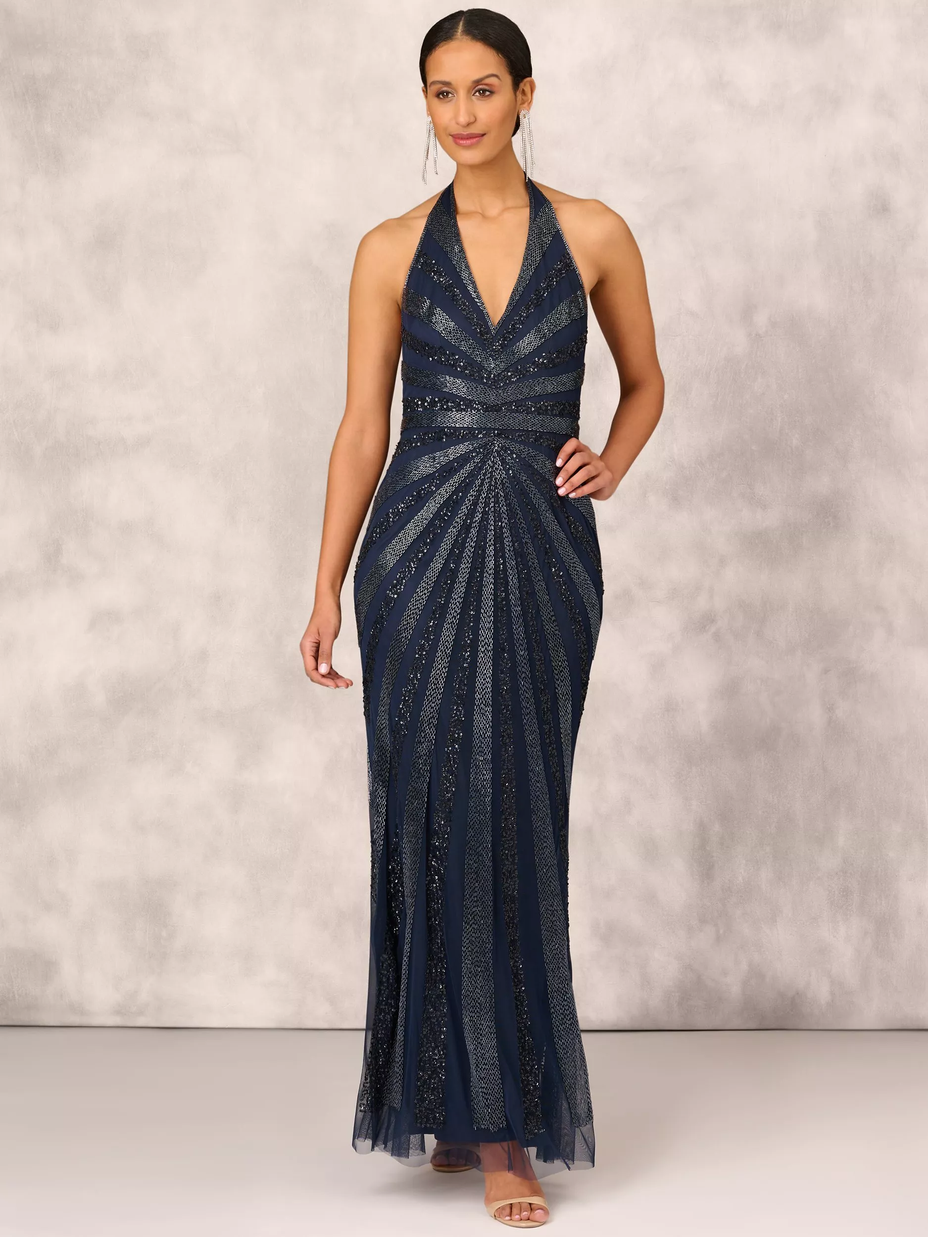 Adrianna Papell Halterneck Beaded Evening Dress Navy