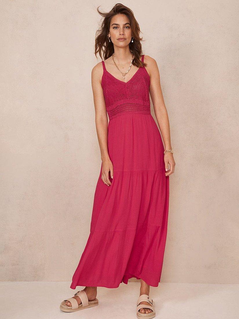 Mint Velvet Crochet Tiered Maxi Dress, Pink
