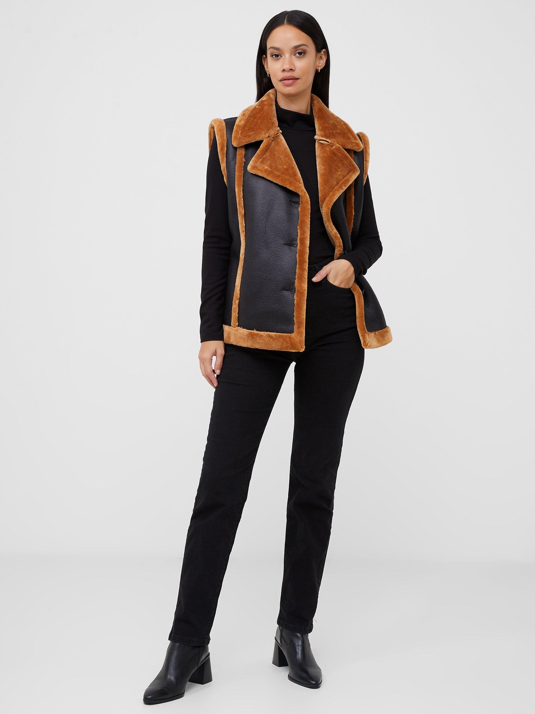 French Connection Crolenda Faux Leather Gilet, Black/Tan