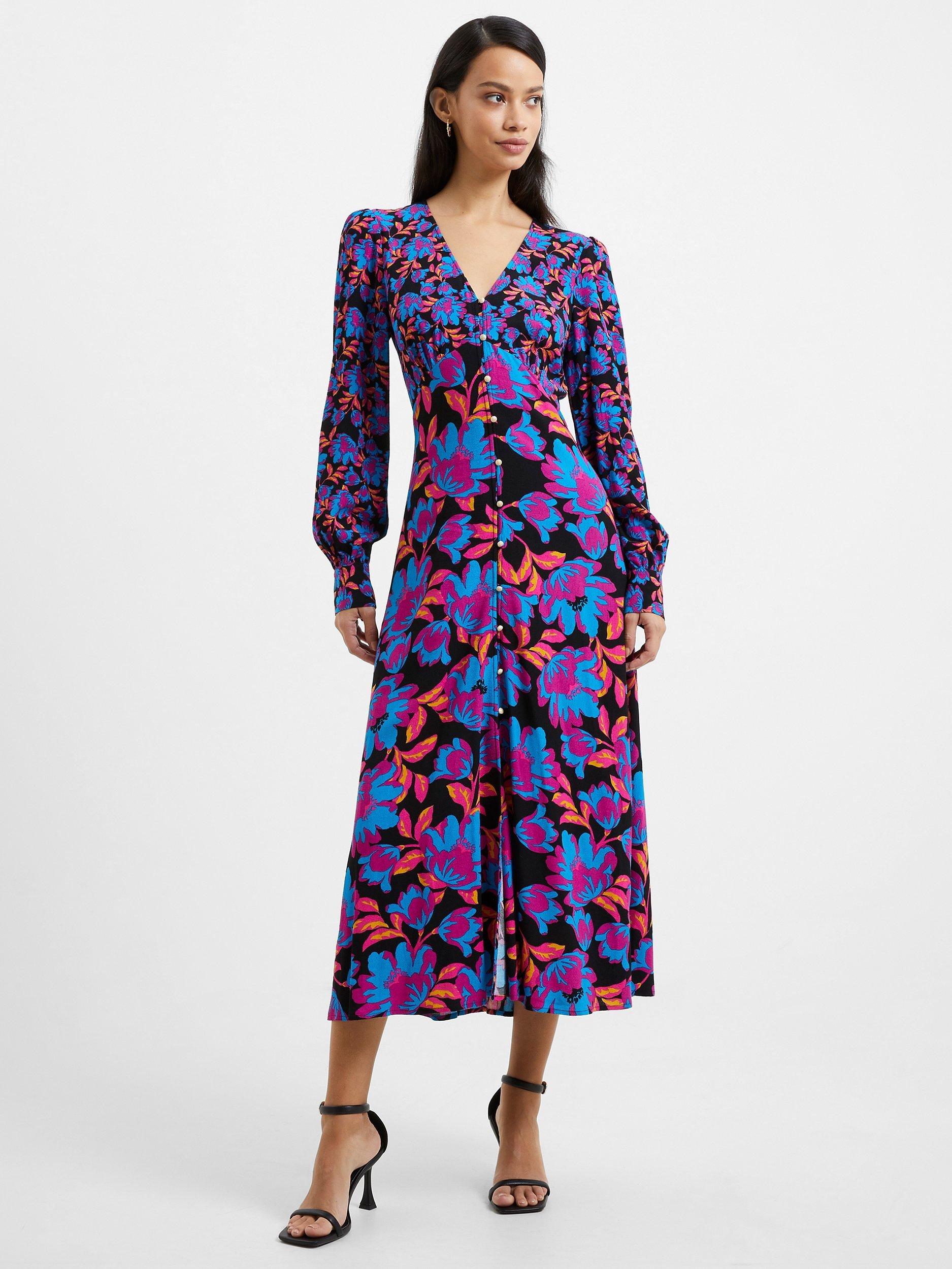 French Connection Darla Floral Print Midi Dress, Black/Multi