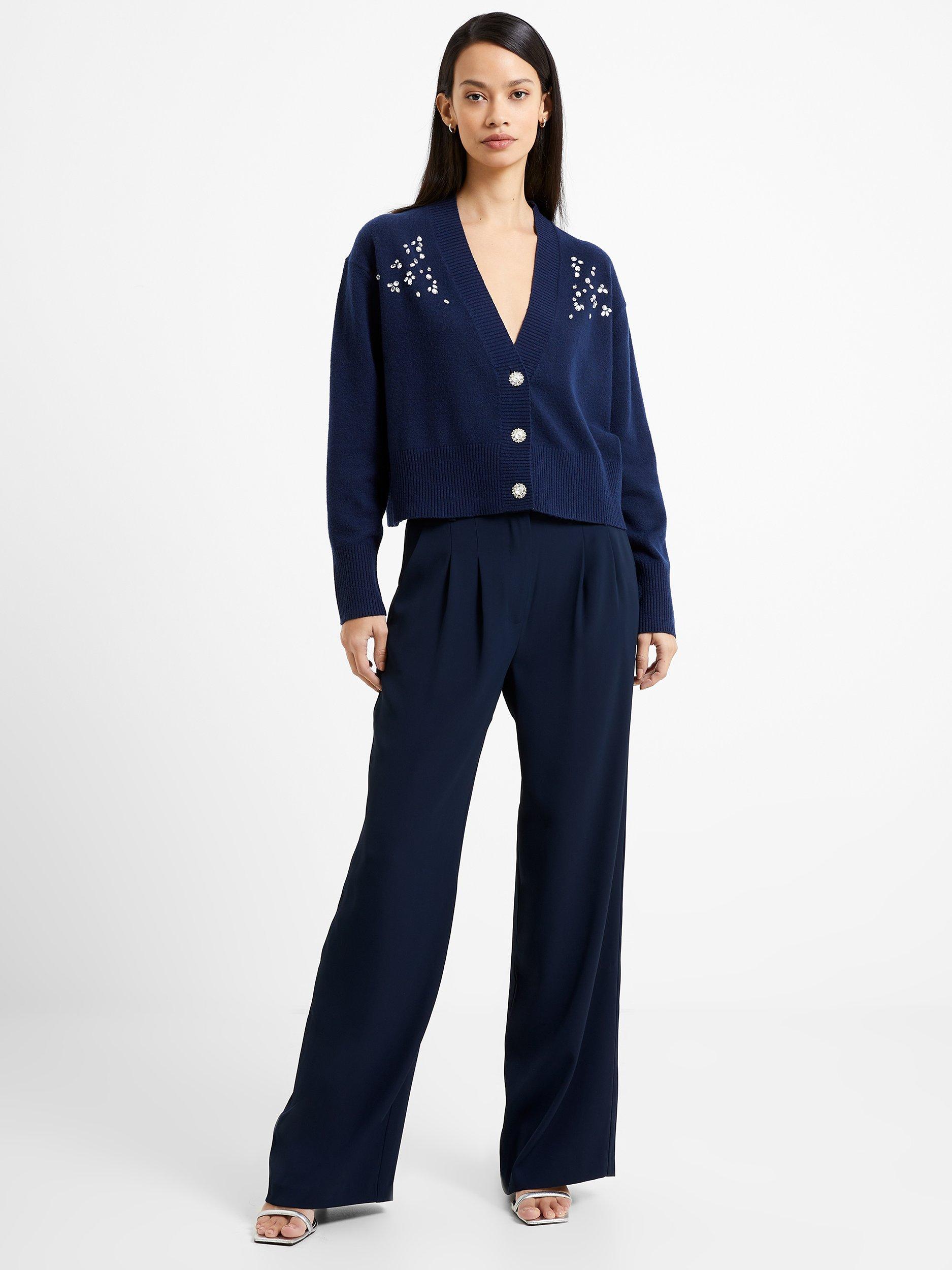 French Connection Vhari Long Sleeve Embroidered Cardigan, Indigo