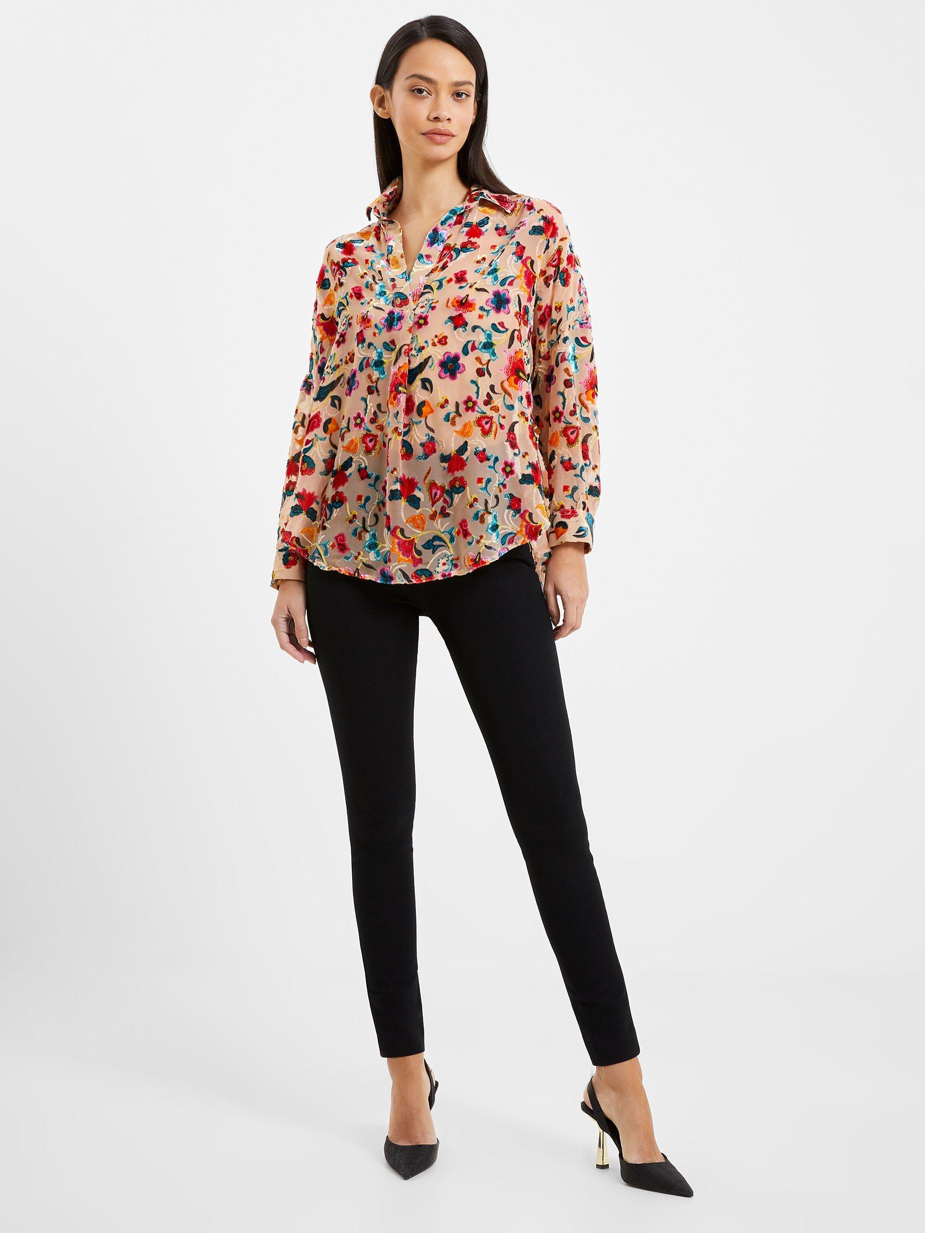 French Connection Avery Embroidered Floral Opaque Shirt, Toasted Almond