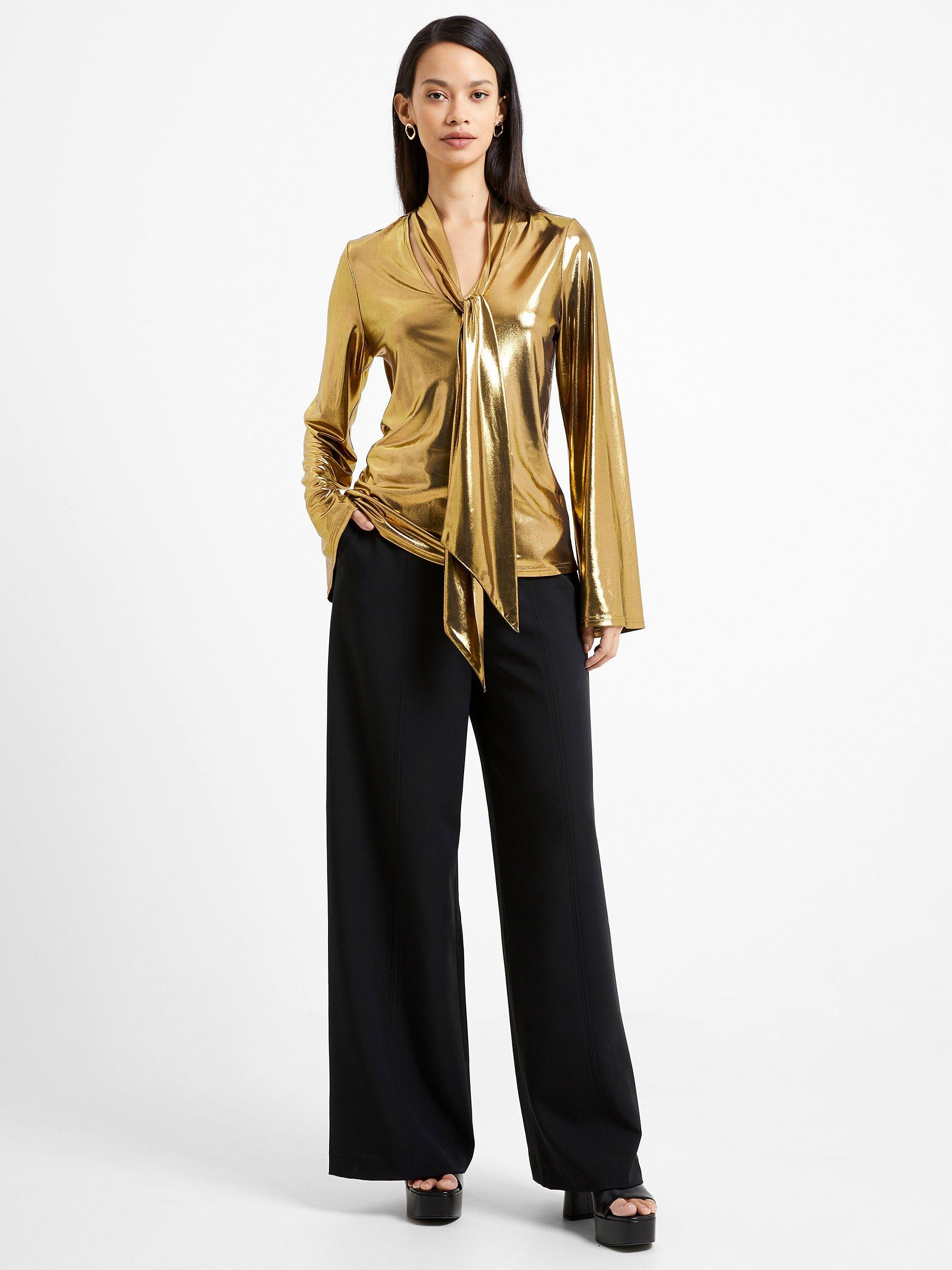French Connection Ronja Liquid Metal Tie Neck Top, Gold