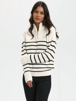 KAFFE Lioa Zipper Stripe Pullover, Chalk/Black, Chalk/Black Stripe