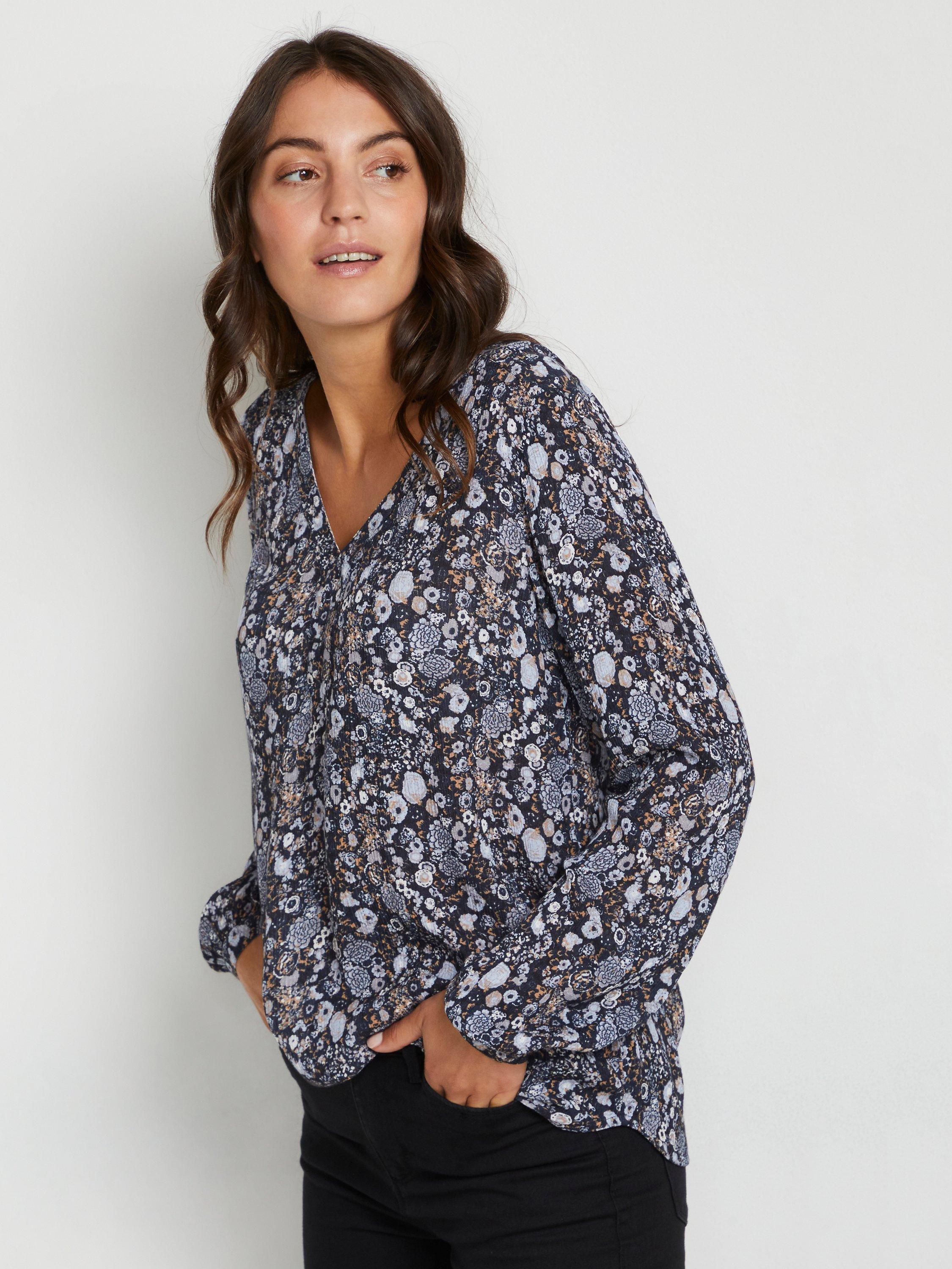 KAFFE Alice Floral Print Top, Blue/Sand