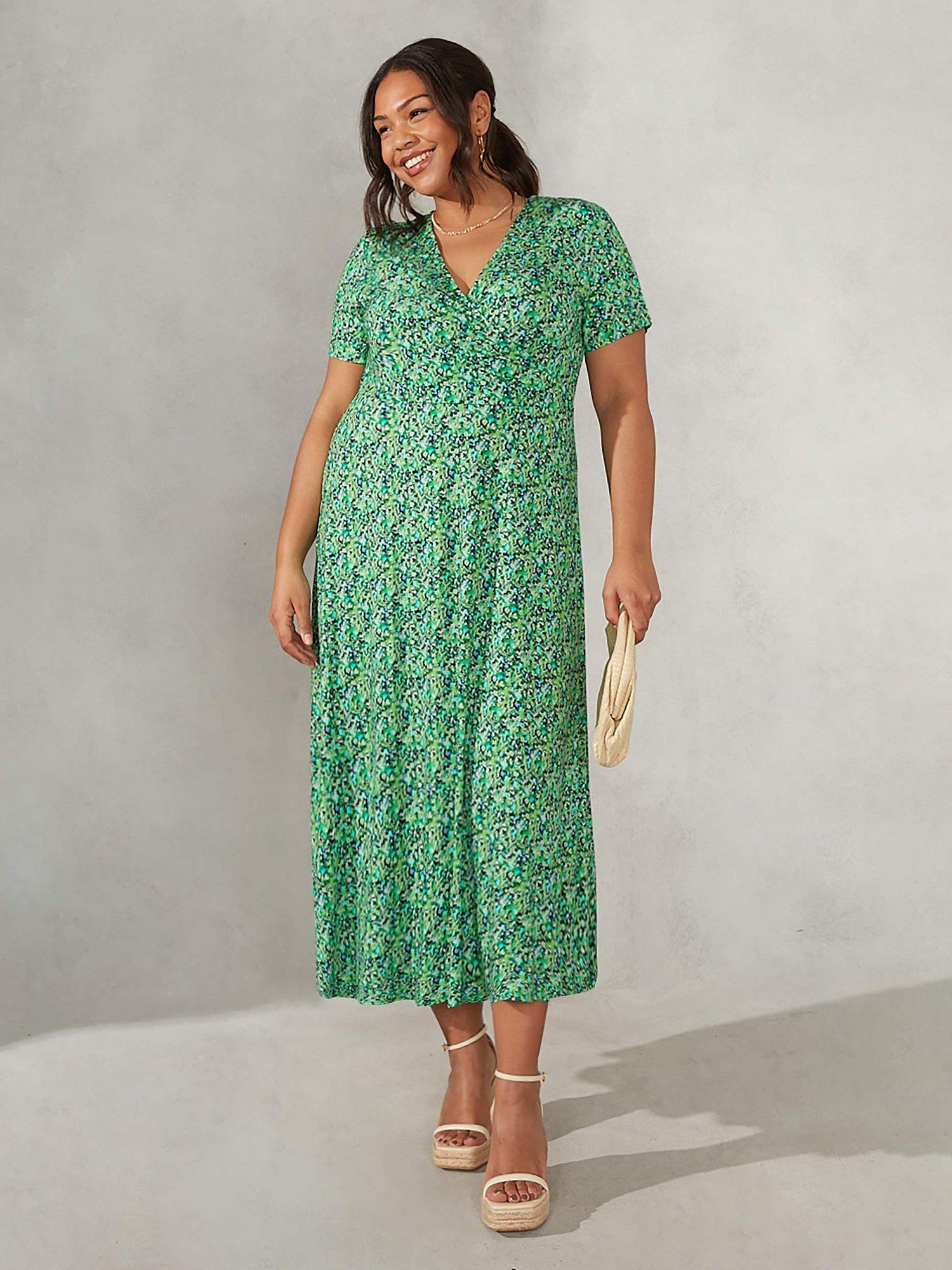 Live Unlimited Curve Ditsy Print Jersey Wrap Midi Dress, Green