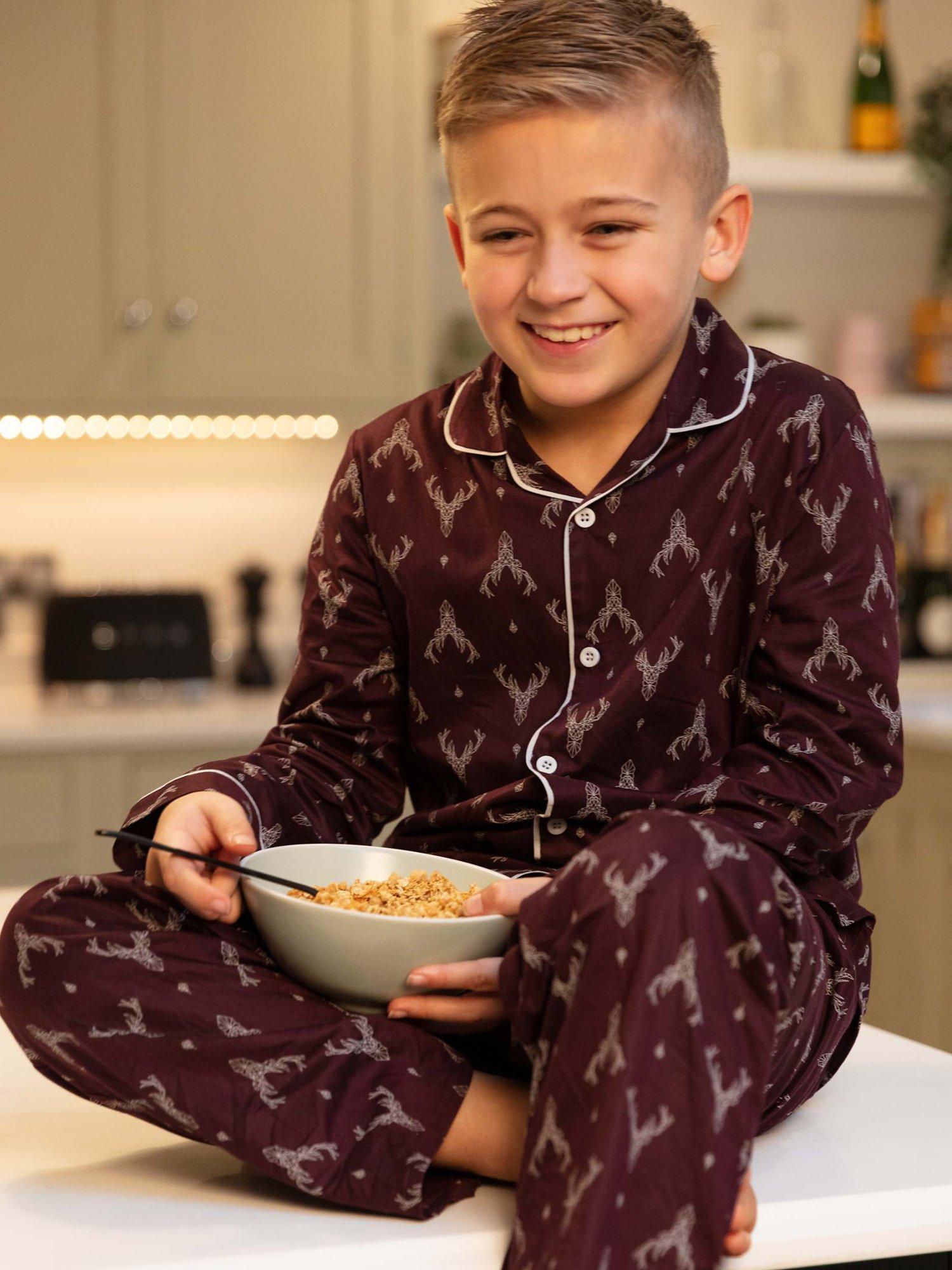 Product image 4 of 4, which shows Minijammies Kids' Spencer Stag Print Pyjamas, Burgundy, 10-11 years