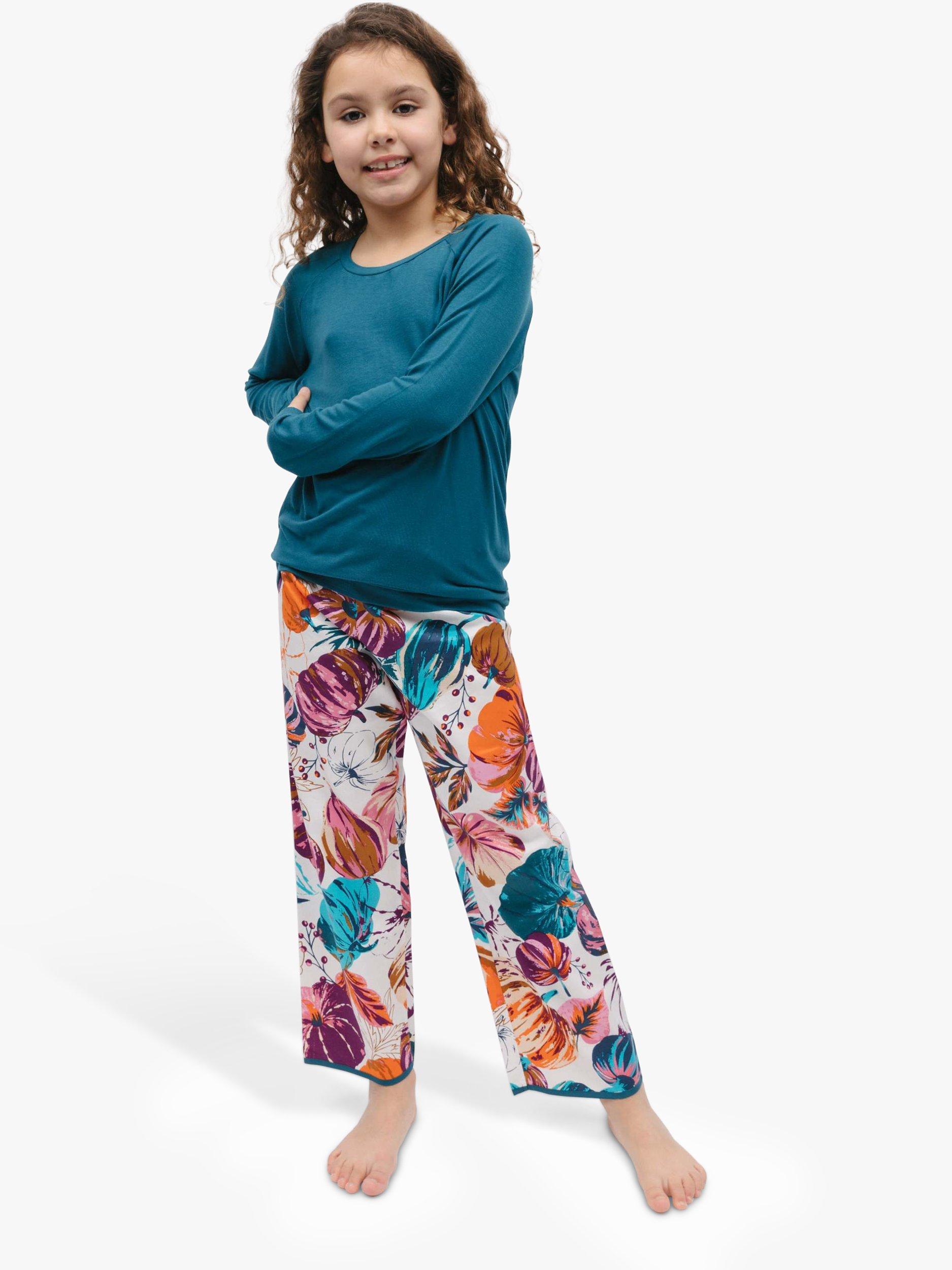 Product image 1 of 4, which shows Minijammies Kids' Maple Pumpkin Print Pyjamas, Teal/Multi, 8-9 years