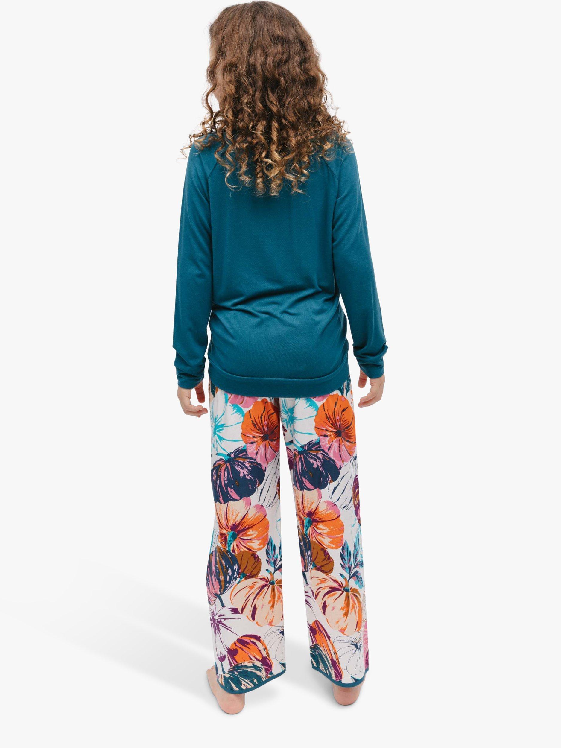 Product image 2 of 4, which shows Minijammies Kids' Maple Pumpkin Print Pyjamas, Teal/Multi, 8-9 years