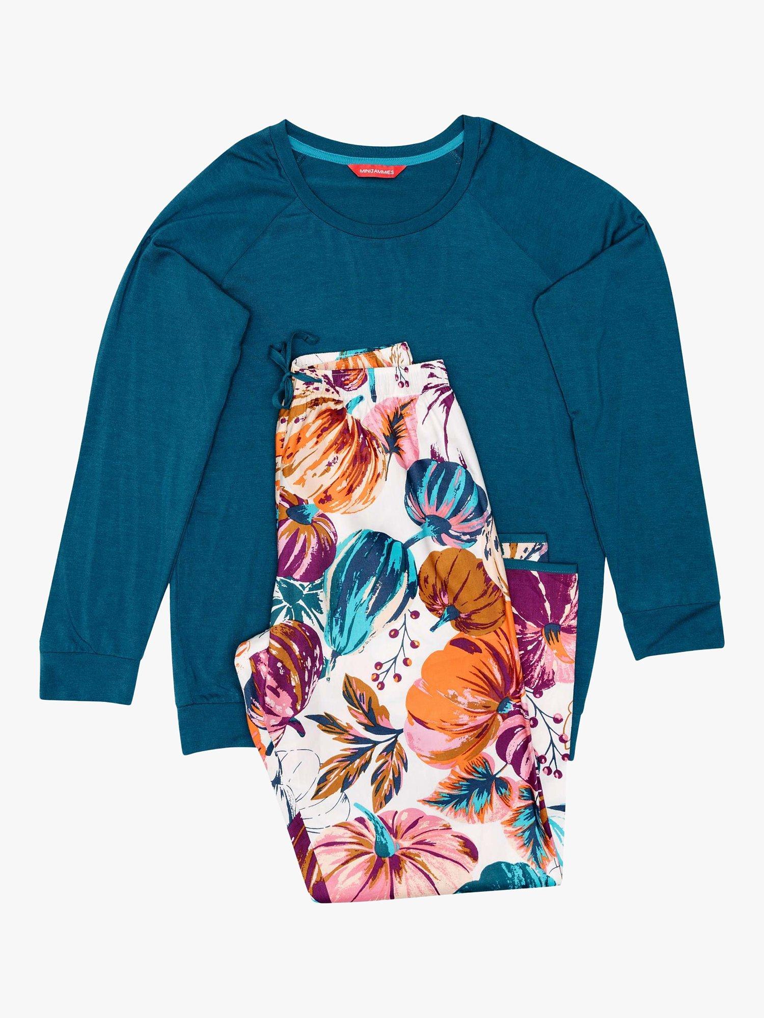 Product image 3 of 4, which shows Minijammies Kids' Maple Pumpkin Print Pyjamas, Teal/Multi, 8-9 years
