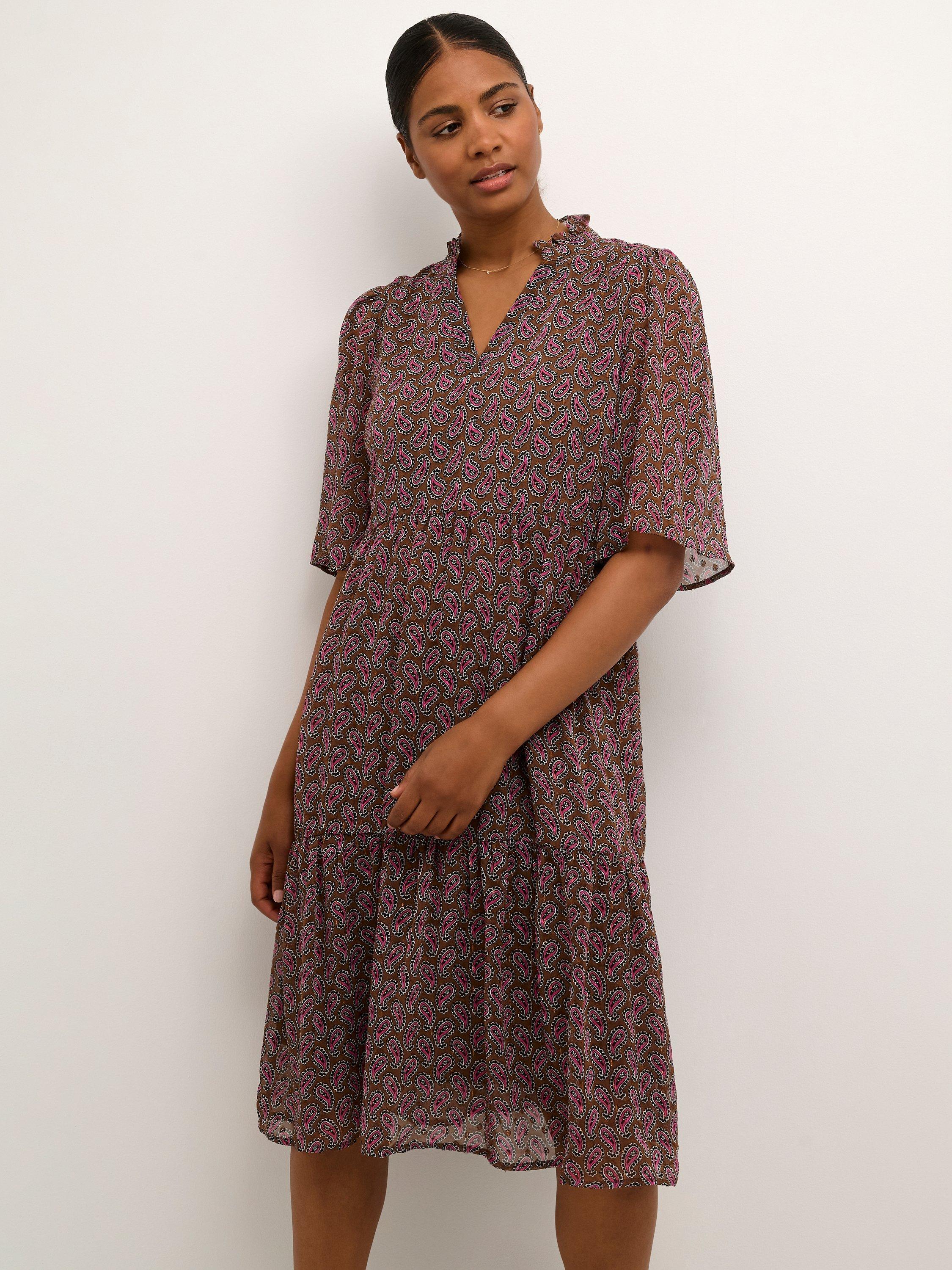 Product image 2 of 5, which shows KAFFE Catalina Knee Length Chiffon Dress, Brown/Multi, 10