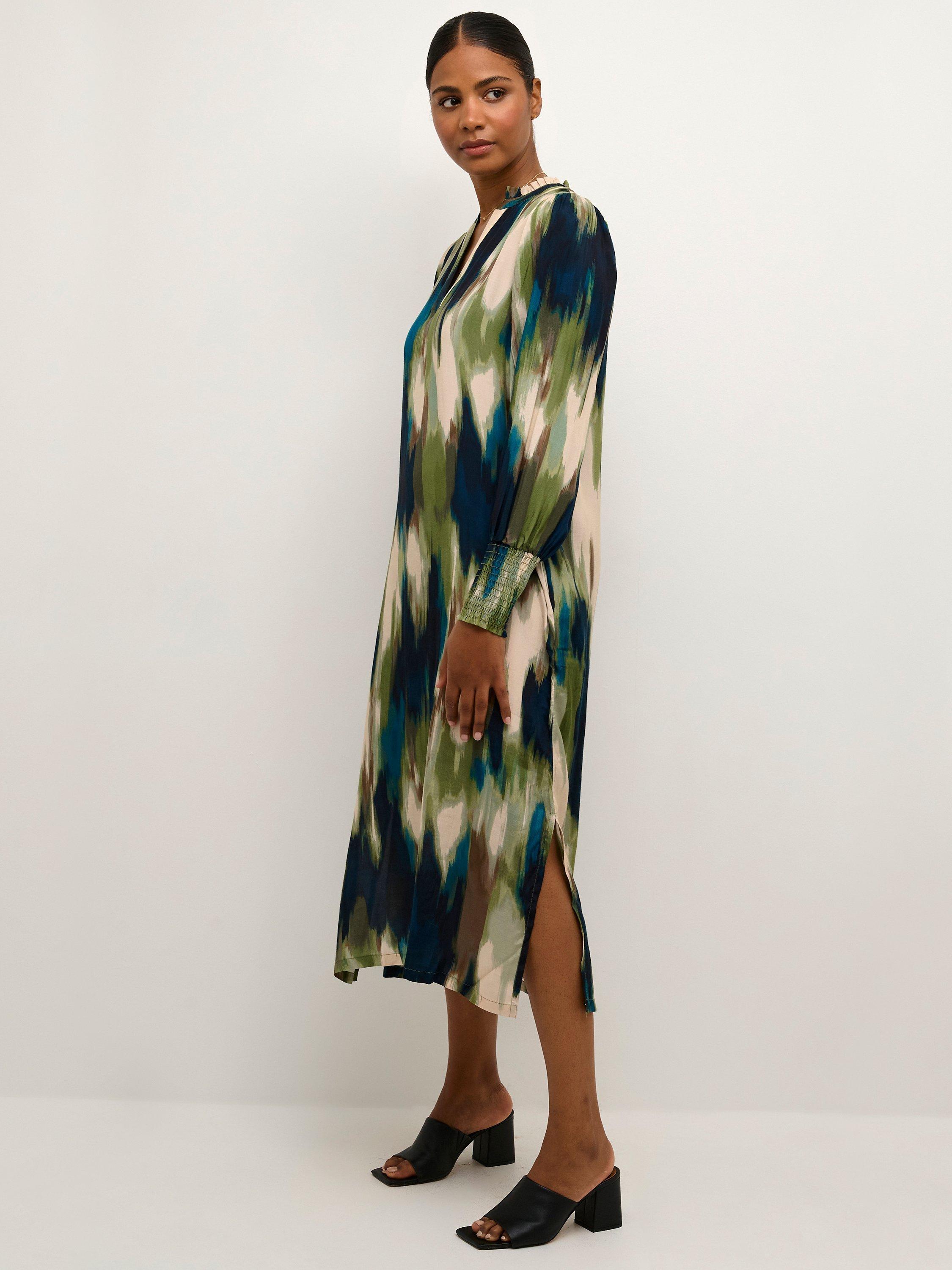 KAFFE Drylia Long Sleeve Midi Dress, Green/Multi