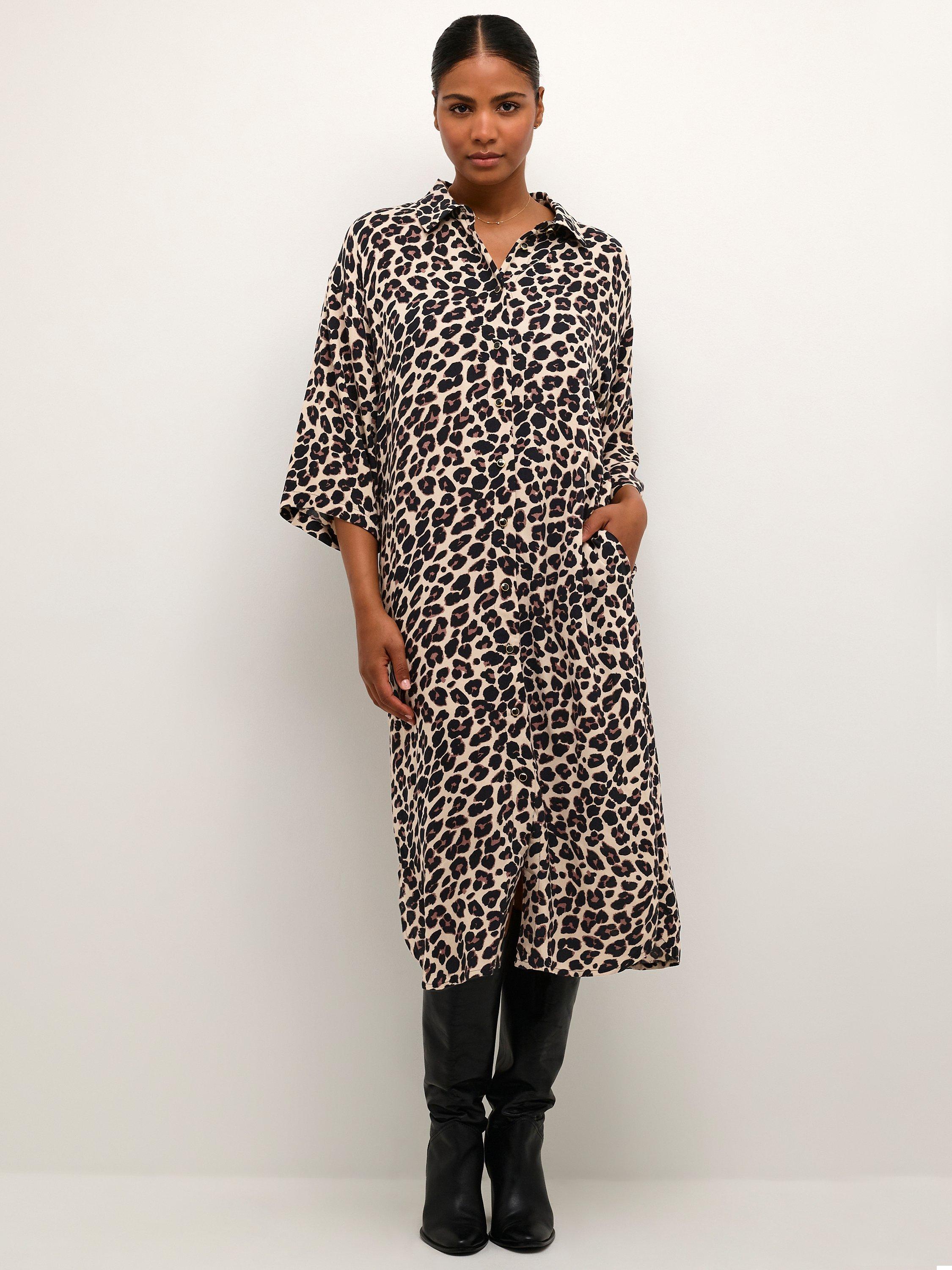 KAFFE Marta Midi Shirt Dress Black Leopard Print