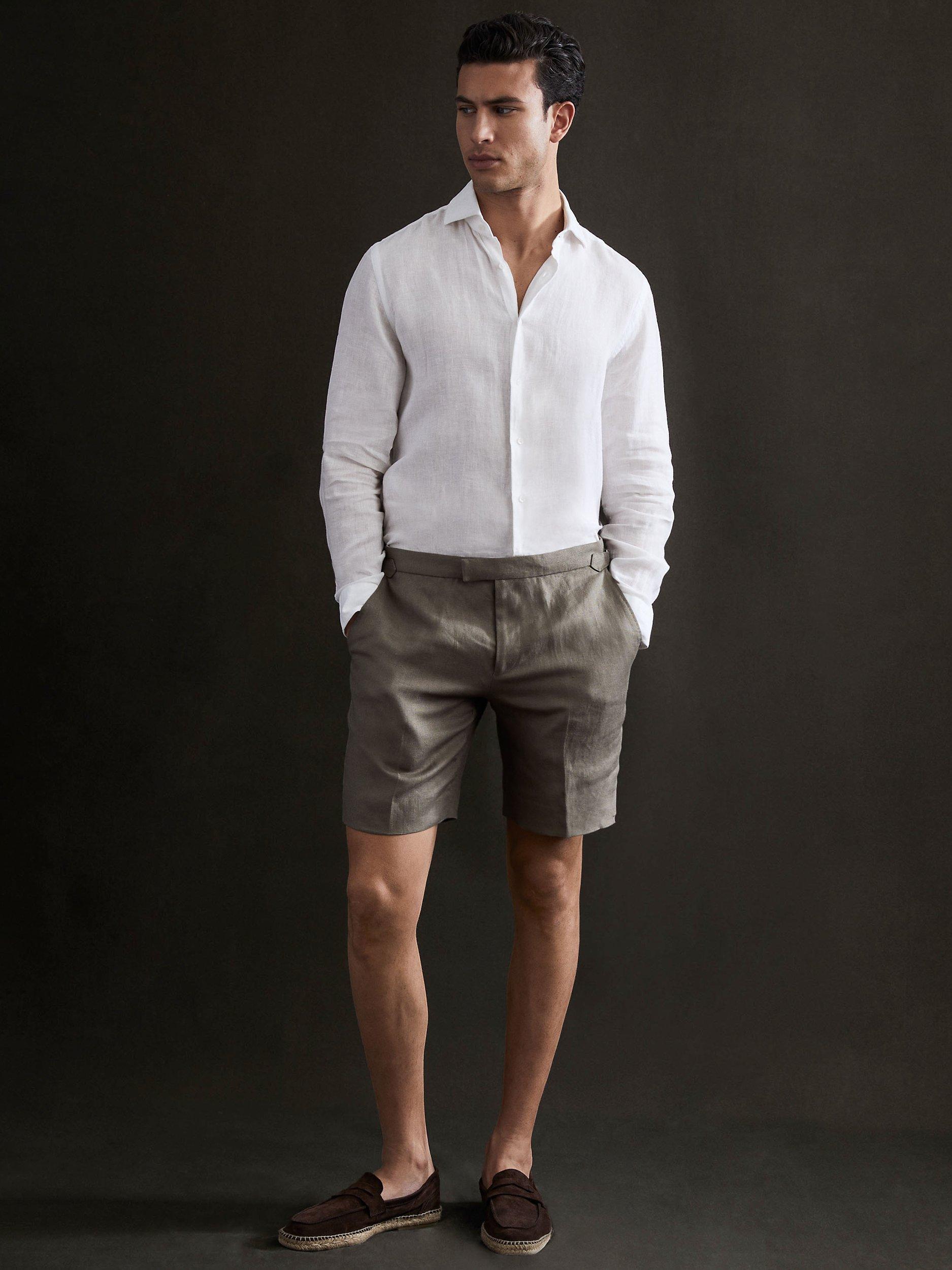 Reiss Searcy Linen Formal Side Shorts, Olive