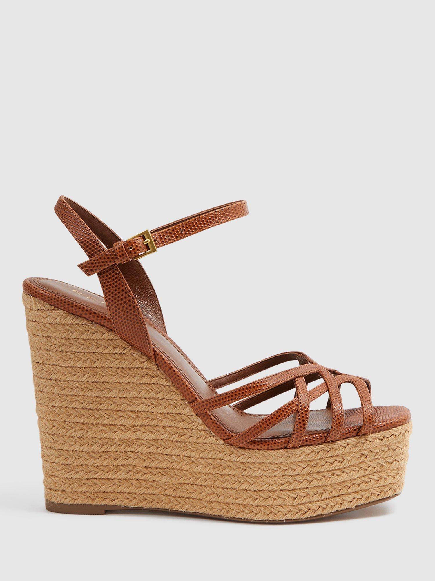 Reiss Elle Cross Strap Leather Wedge Sandals, Tan