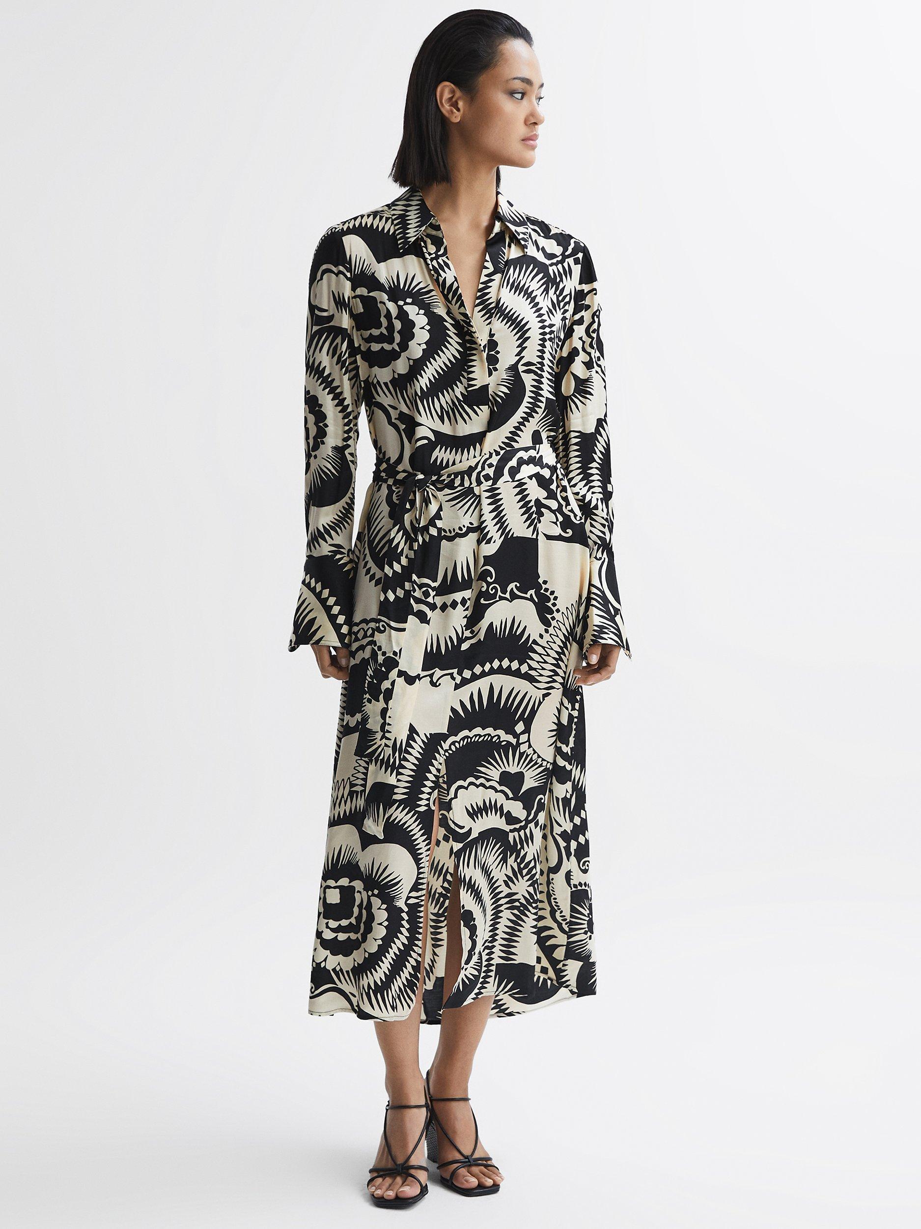 Reiss Tilly Abstract Print Belted Midi Dress, White/Black
