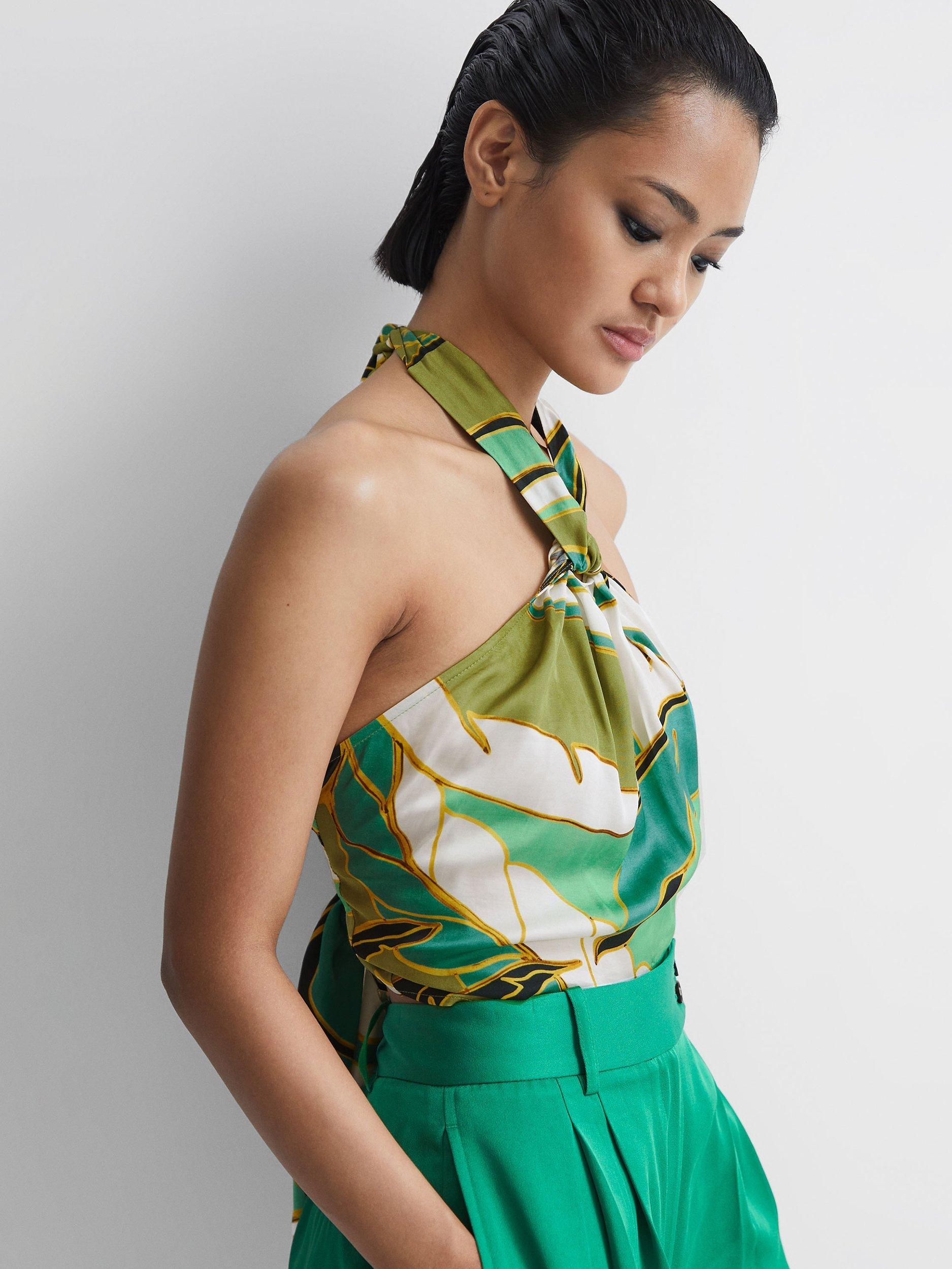 Reiss Luna Jungle Print Halterneck Top, Green