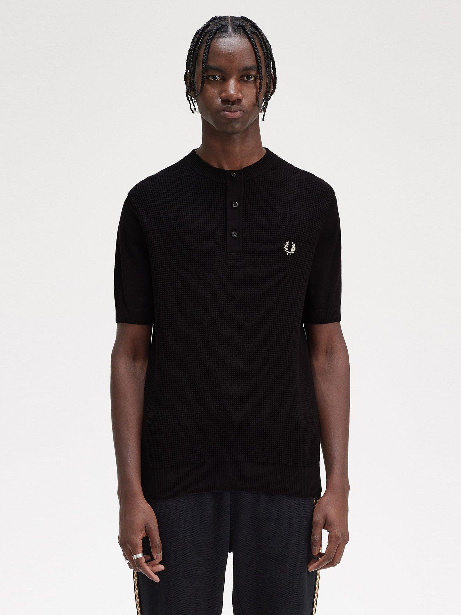 Fred Perry Waffled Textured Knit Henley Top, Black