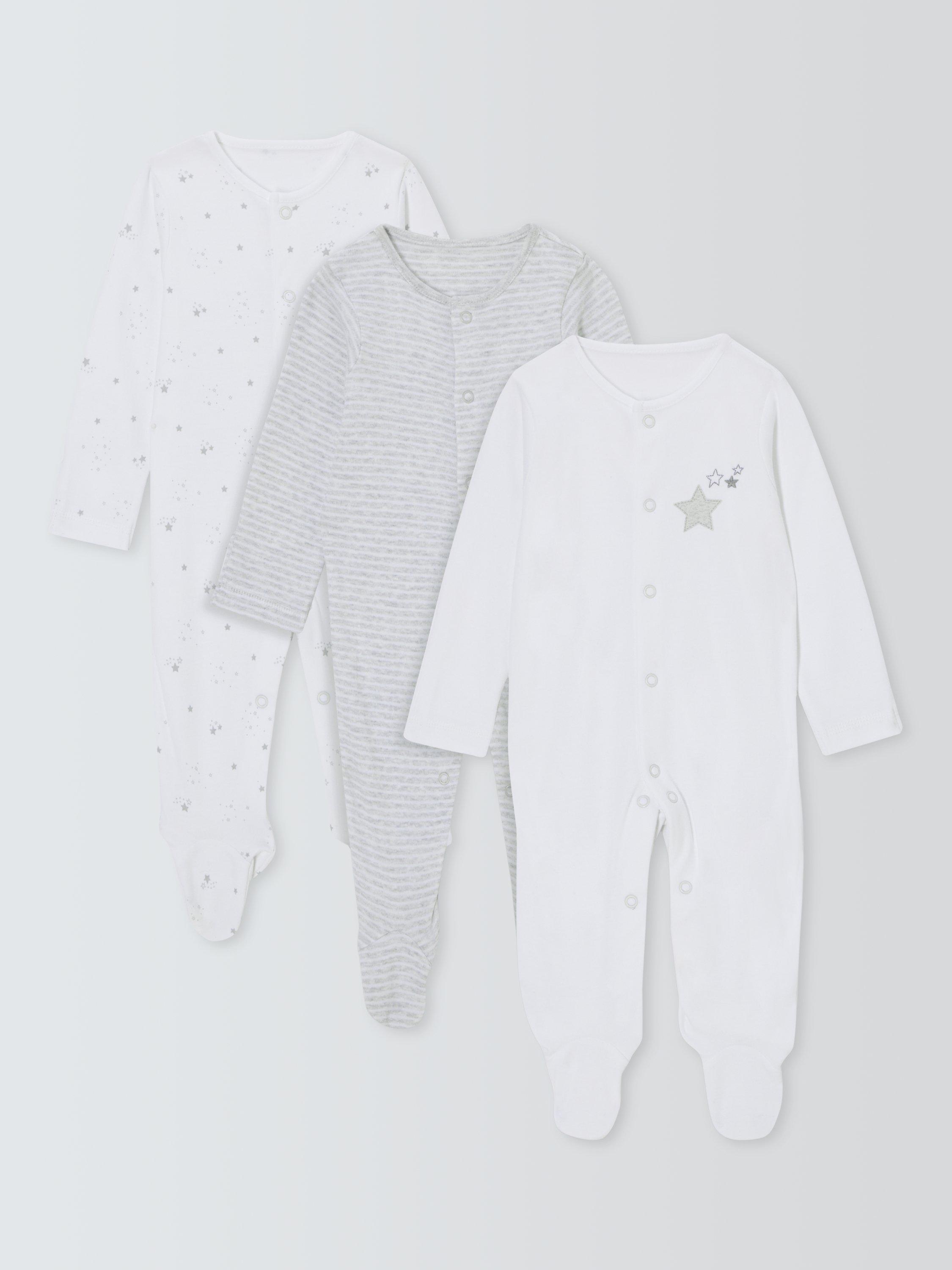 John Lewis Baby Cotton Star Print Sleepsuits, Pack of 3, White, Tiny Baby