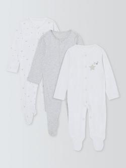 John Lewis Baby Cotton Star Print Sleepsuits, Pack of 3, White, White