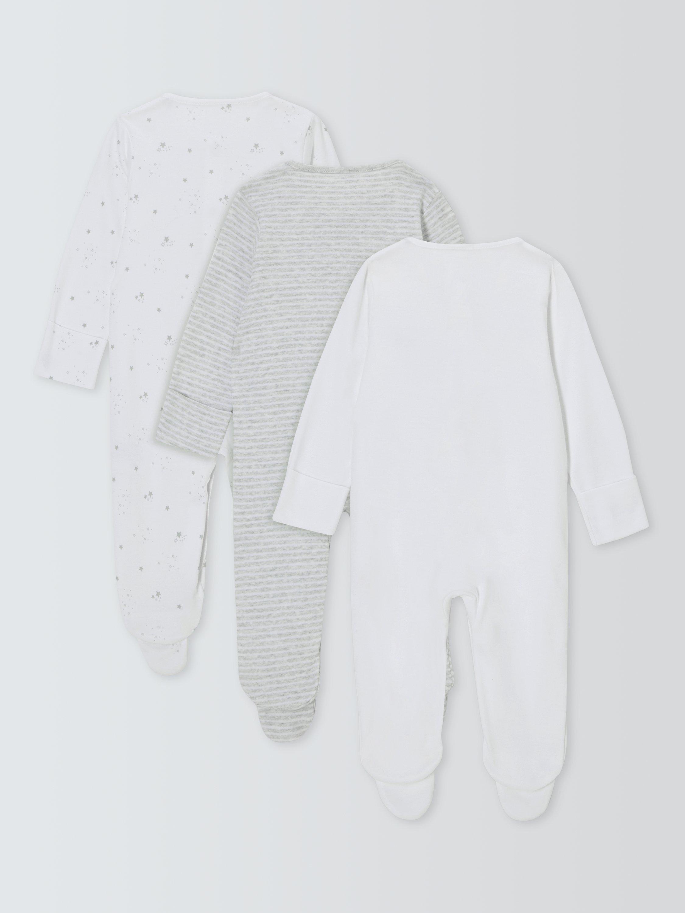 Product image 2 of 4, which shows John Lewis Baby Cotton Star Print Sleepsuits, Pack of 3, White, Tiny Baby