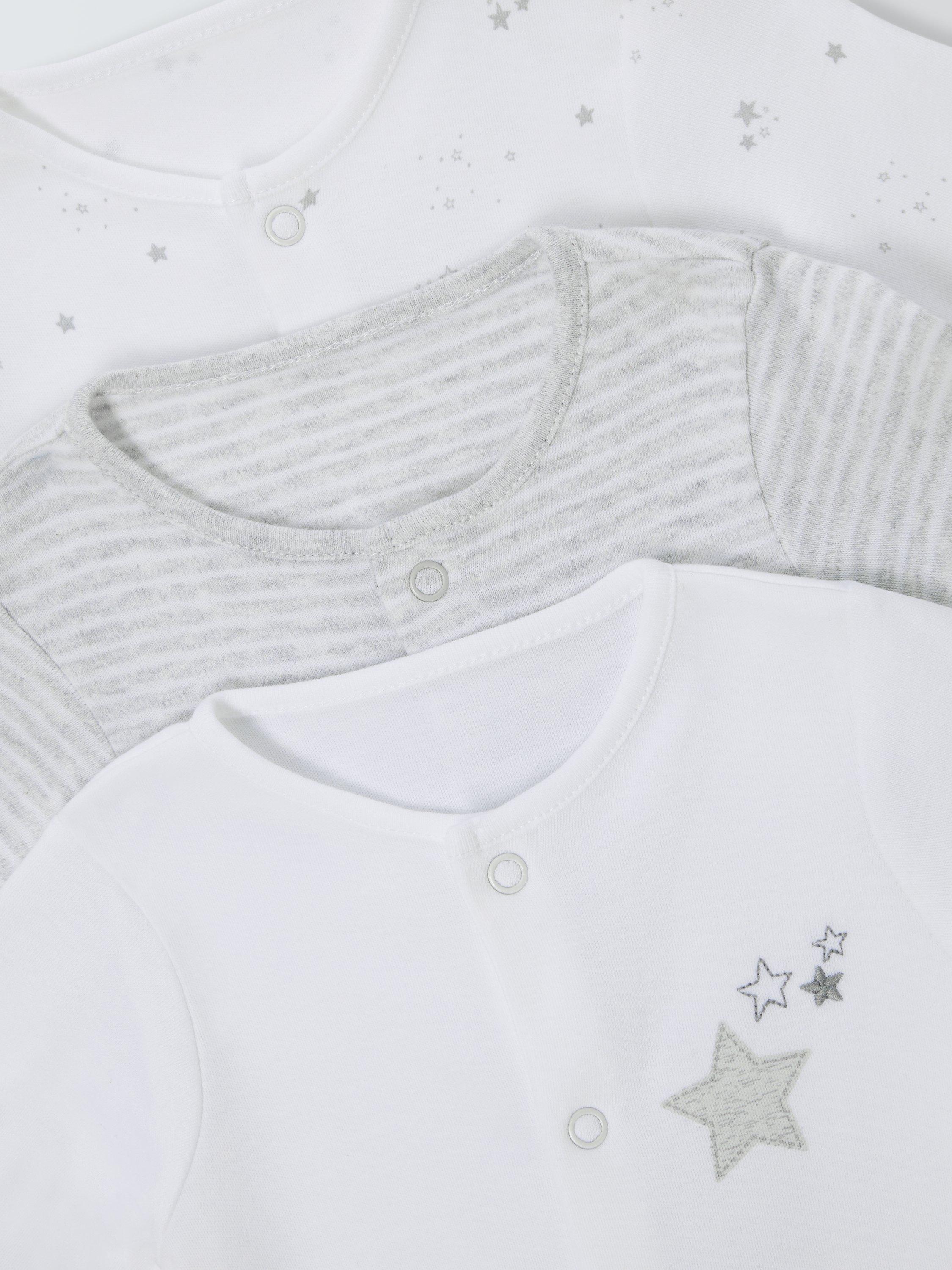 Product image 3 of 4, which shows John Lewis Baby Cotton Star Print Sleepsuits, Pack of 3, White, Tiny Baby