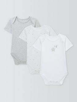 John Lewis Baby Cotton Star Print Bodysuits, Pack of 3, White, White