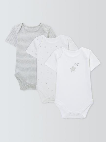 John Lewis Baby Cotton Star Print Bodysuits, Pack of 3, White, White