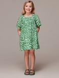 Whistles Kids' Leopard Print Cotton Trapeze Dress, Green/Multi