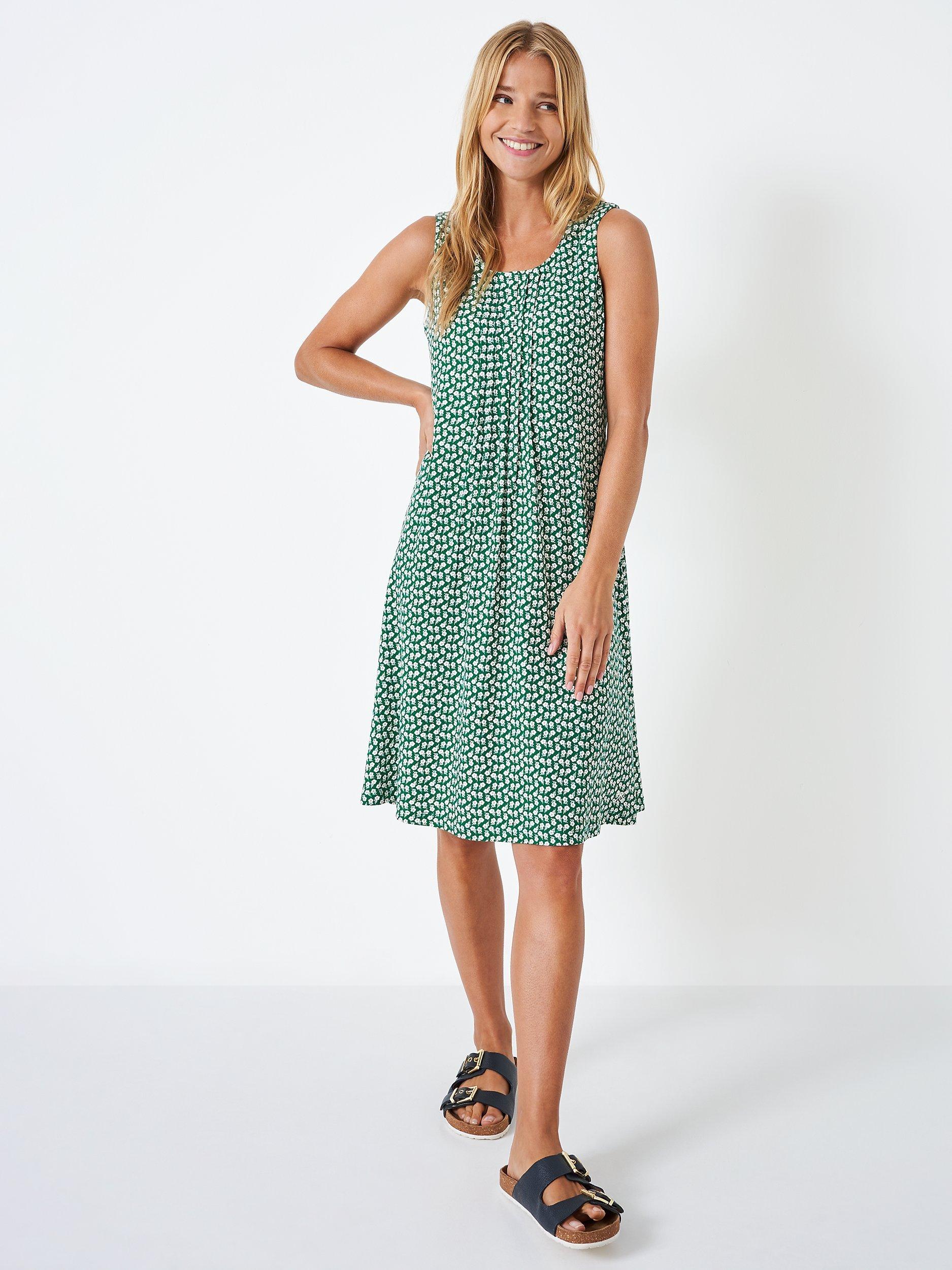 Crew Clothing Floral Pleat Sleeveless Jersey Dress, Green