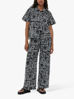 Whistles Sunman Print Linen Blend Bowling Shirt, Black/White, Black/White