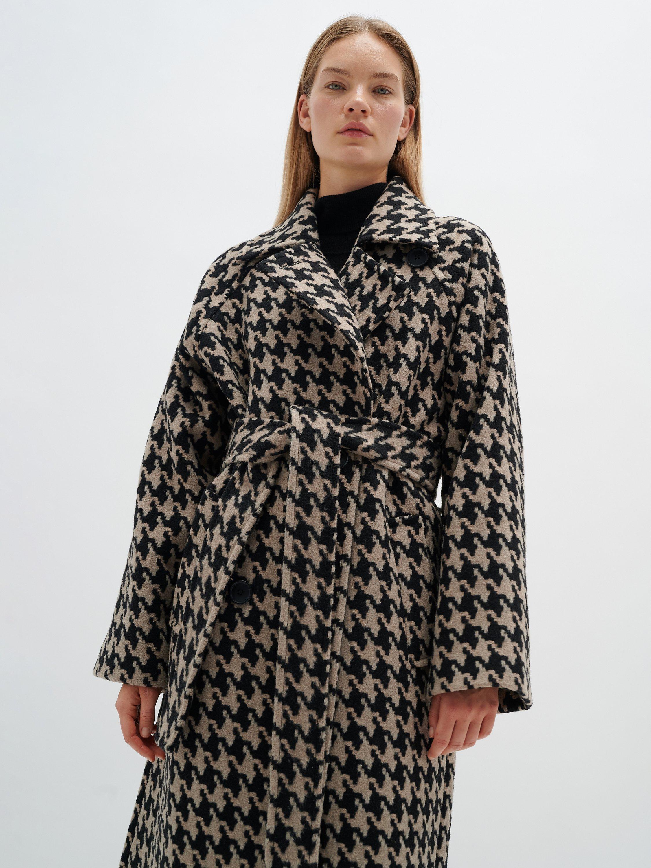 InWear Ianna Relaxed Fit Houndstooth Trench Coat Beige Black