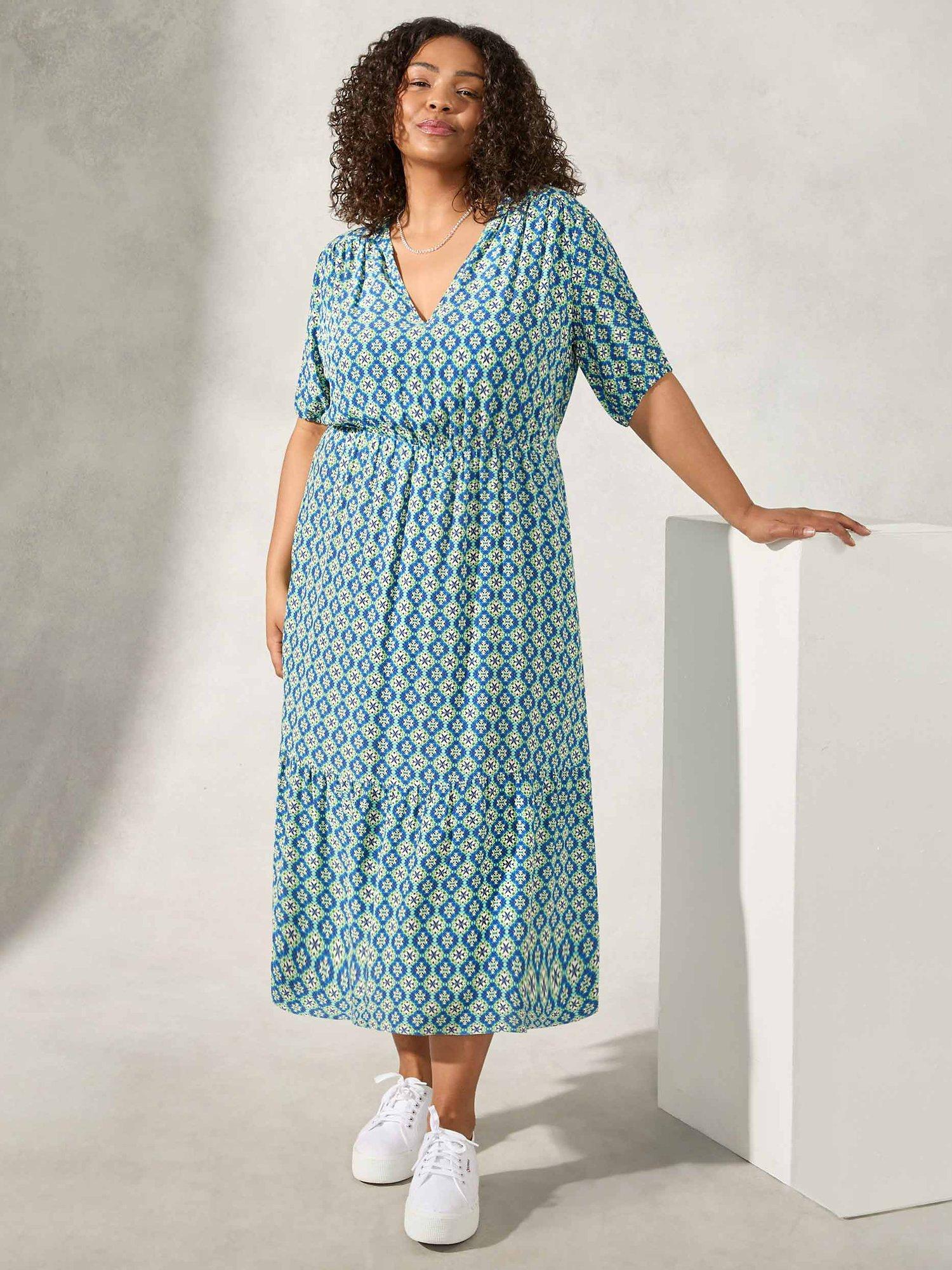 Live Unlimited Tile Print Nehru Collar V Neck Dress, Blue