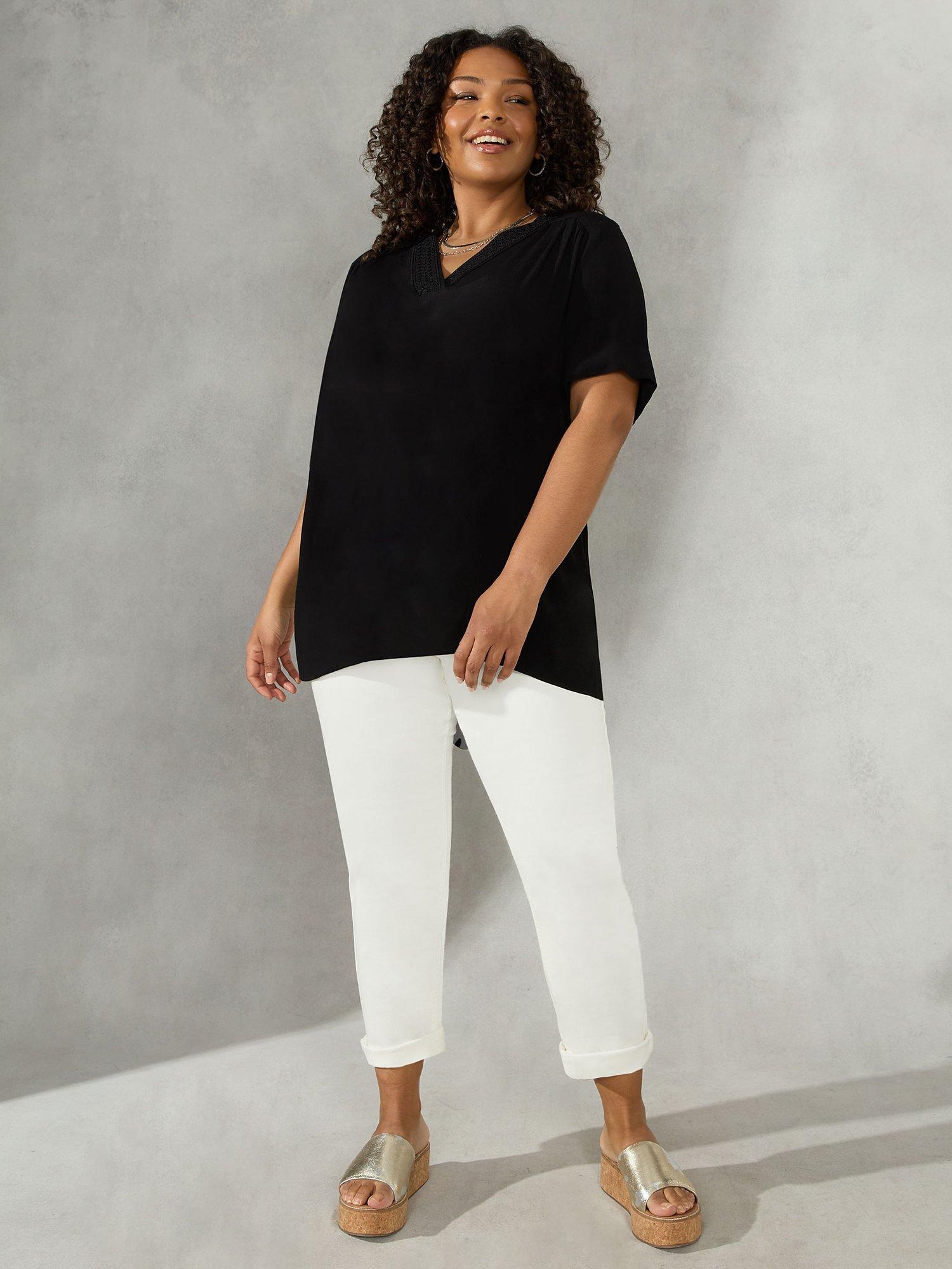 Live Unlimited Curve Crochet Trim Woven V Neck Blouse