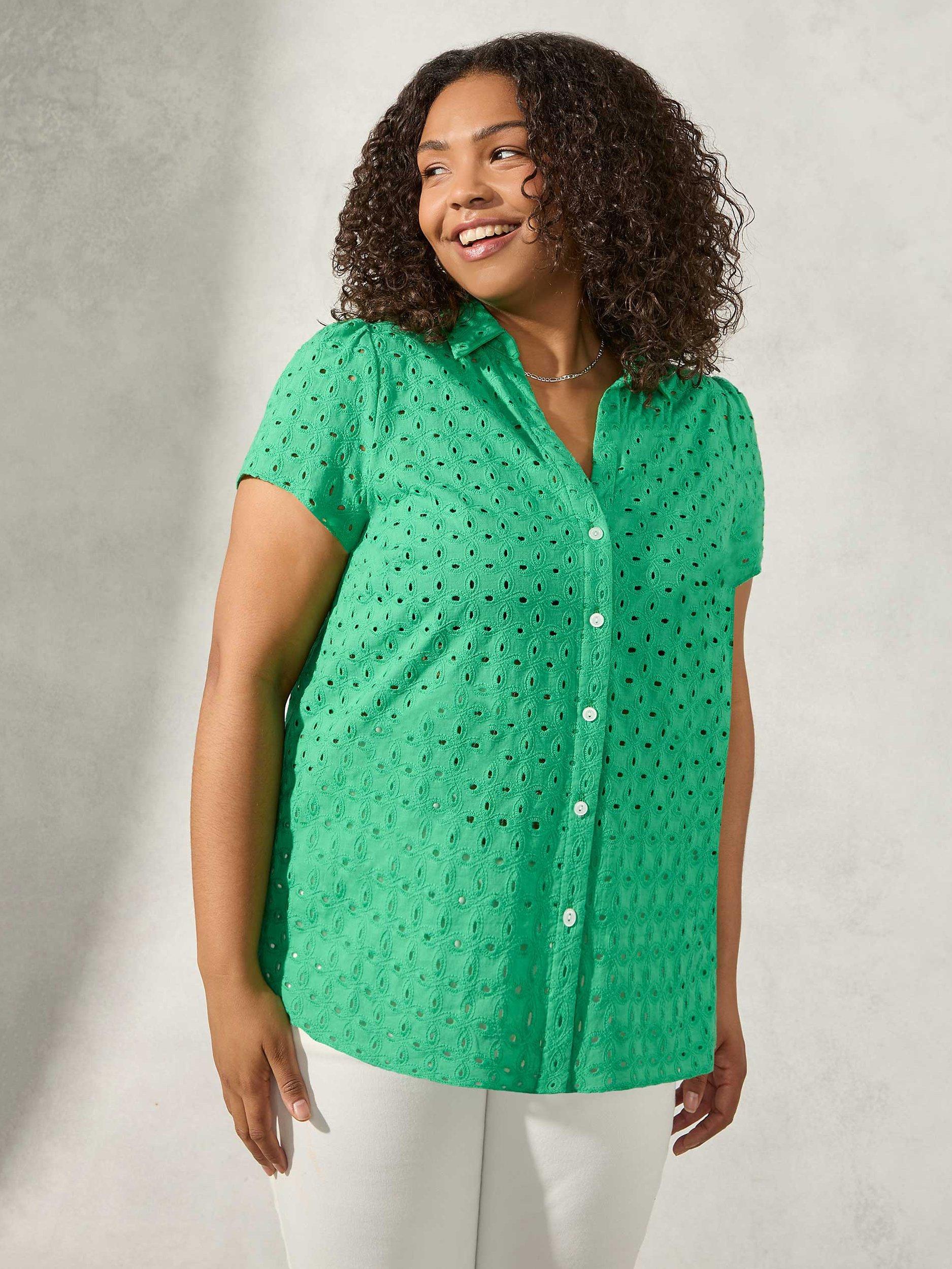 Live Unlimited Curve Broderie Short Sleeve Shirt, Green