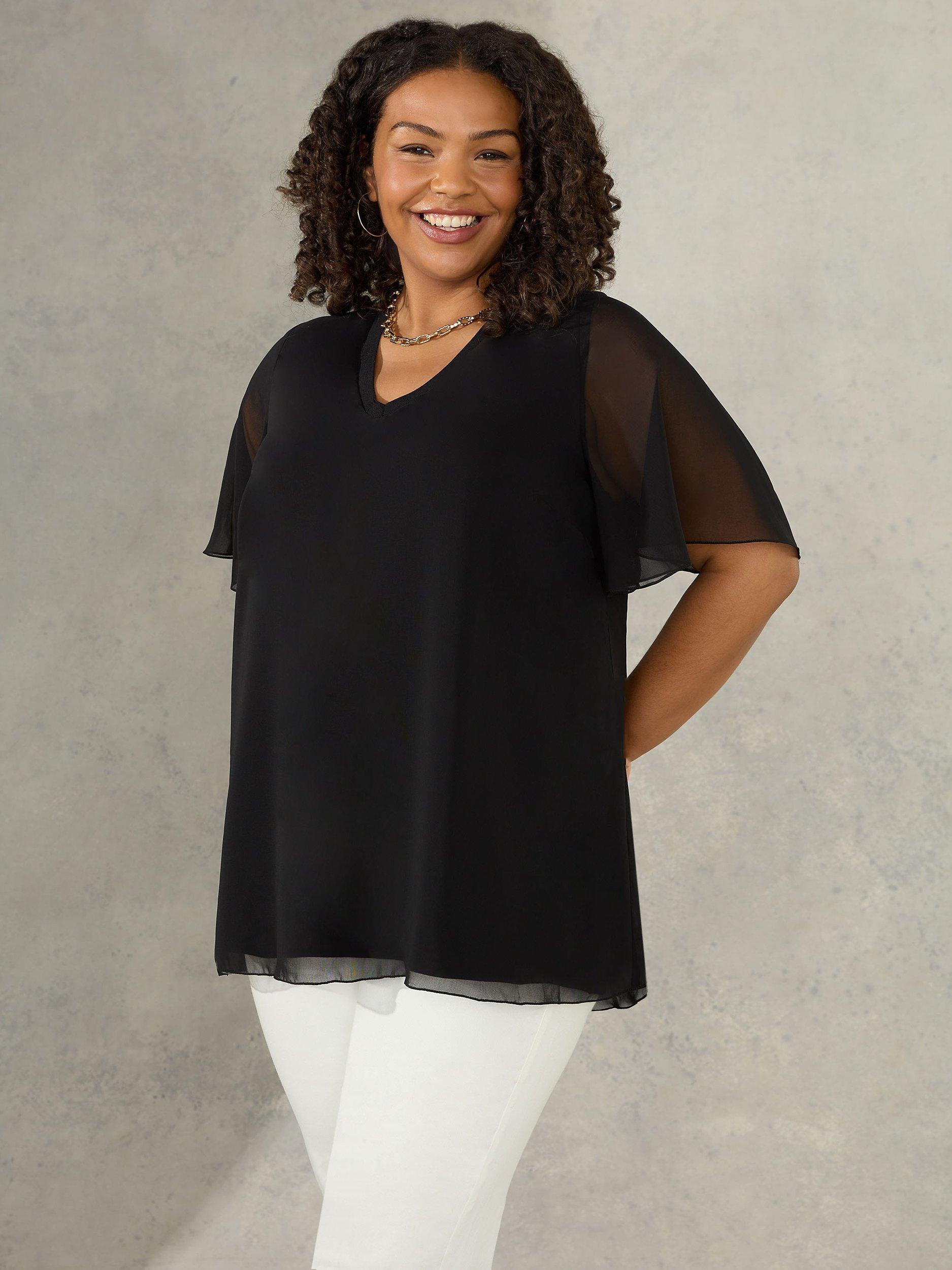 Live Unlimited Curve Ivory Rib Trim Angel Sleeve Top, Black